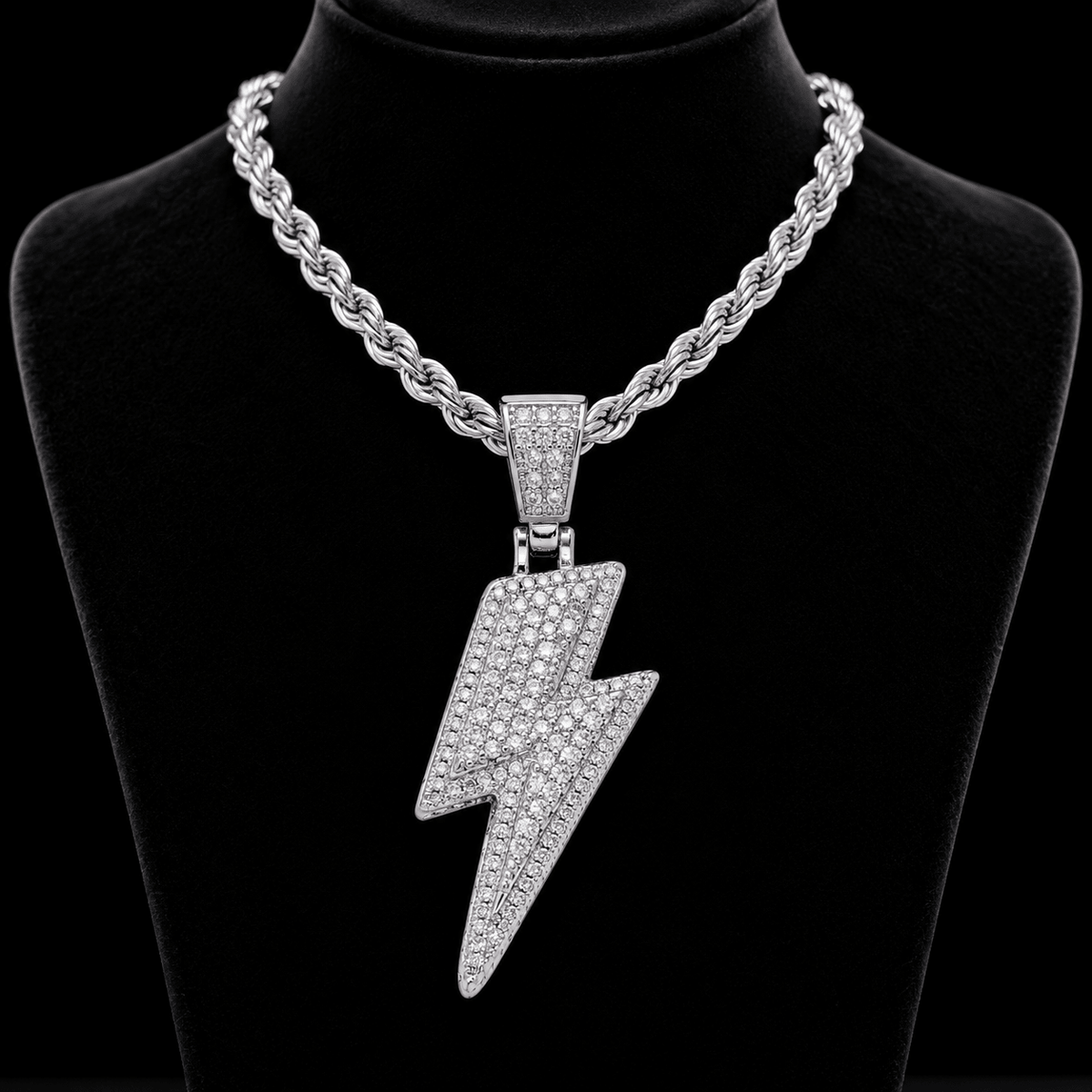Iced Out Lightning Bolt Pendant Necklace – Full CZ Pavé, Rope Chain Included, Gold Silver & Two Tone - Virtue JewelSilver