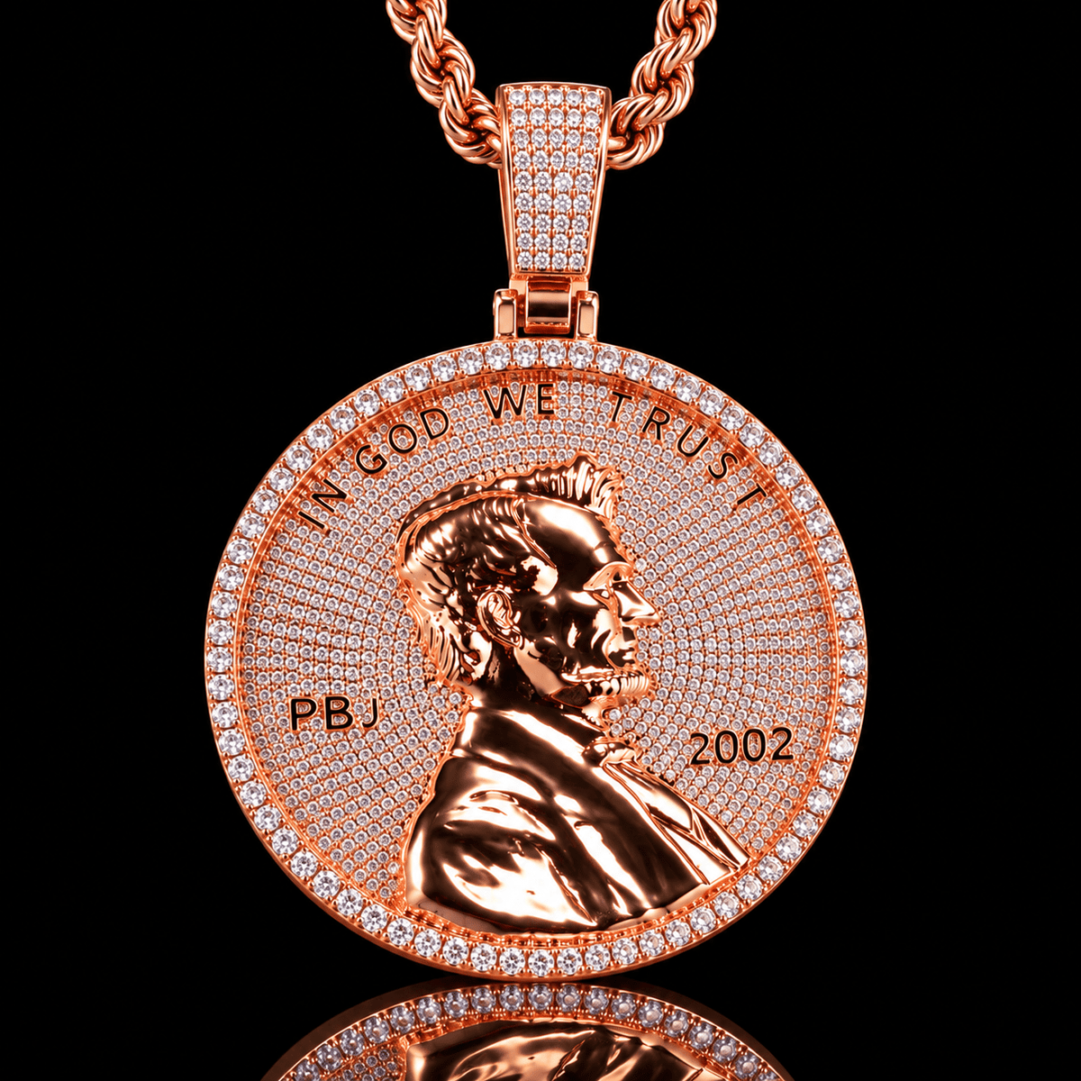 Iced Out Lincoln Penny Medallion Pendant – 5A CZ, with 24" Rope Chain - Virtue JewelSilver