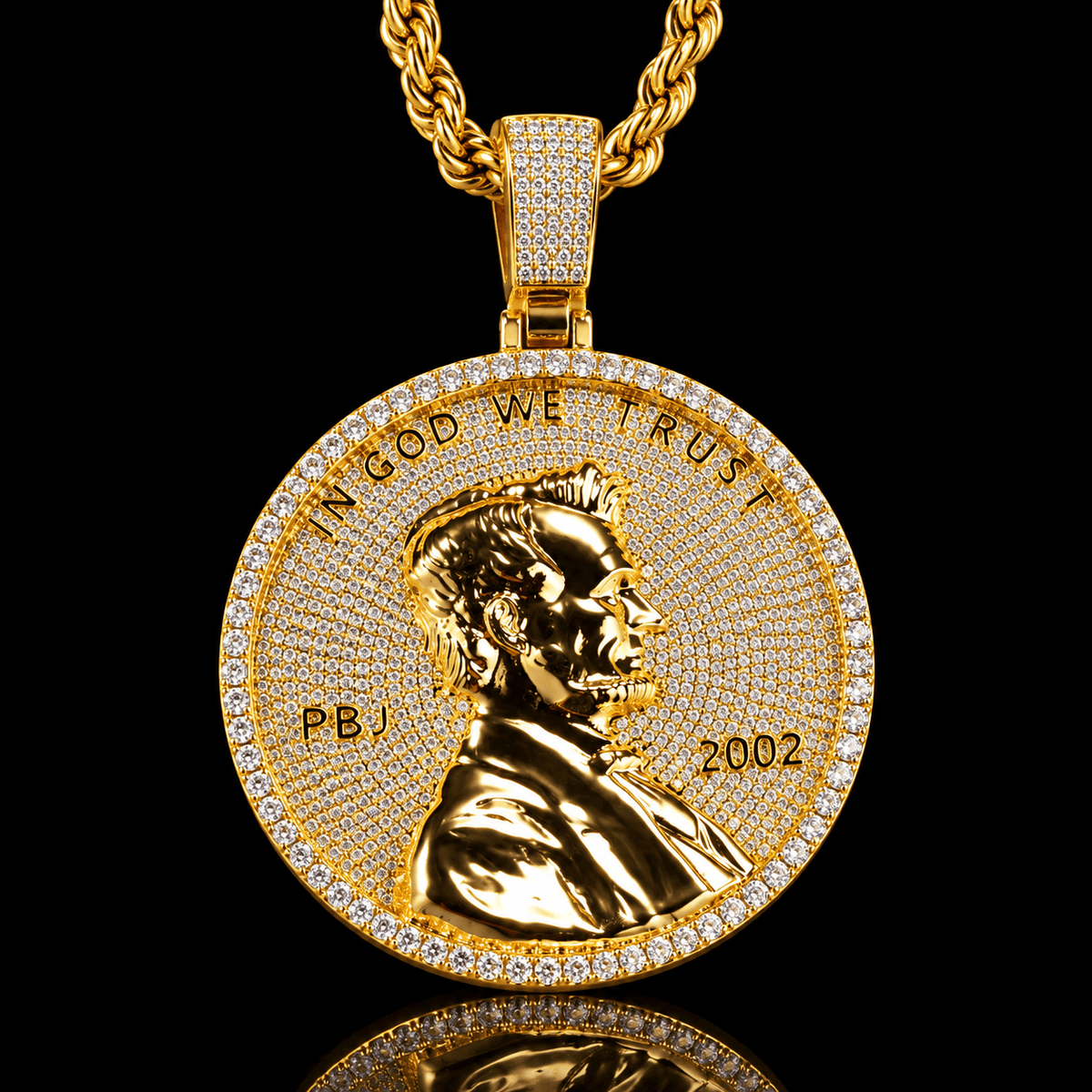Iced Out Lincoln Penny Medallion Pendant – 5A CZ, with 24" Rope Chain - Virtue JewelSilver