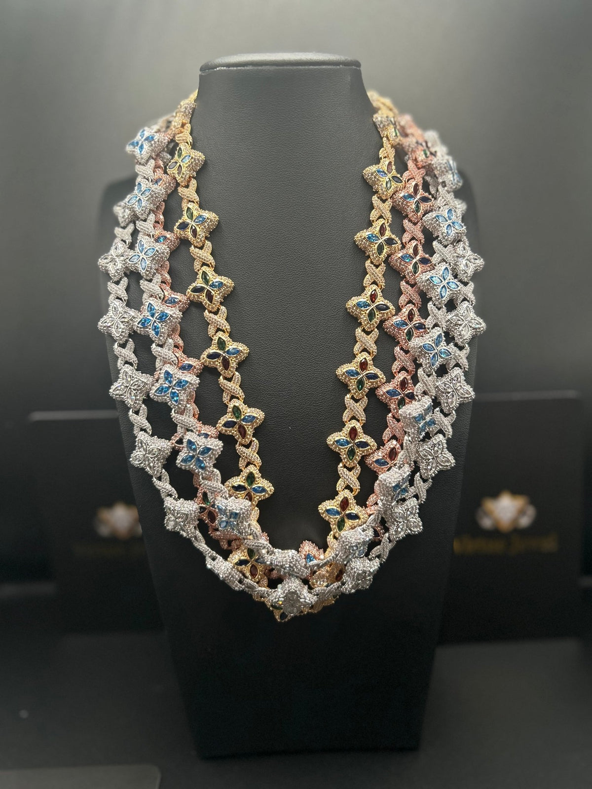 Iced Out Multicolor Clover Link Chain – Gold, Rose Gold & Silver - Virtue JewelGold22inch