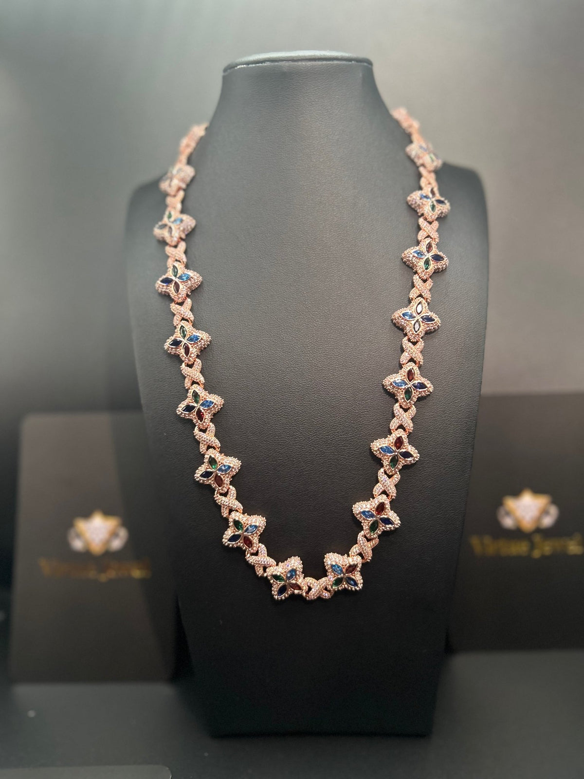 Iced Out Multicolor Clover Link Chain – Gold, Rose Gold & Silver - Virtue JewelGold22inch
