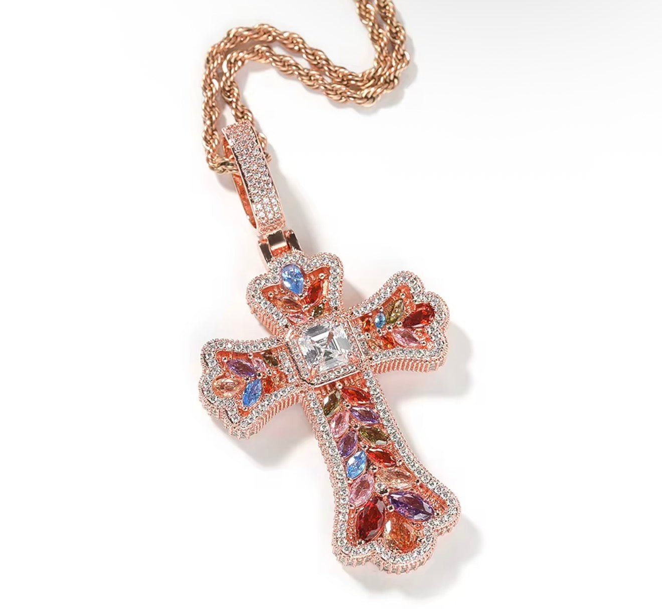 Iced Out Multicolor Gemstone Cross Pendant with Rope Chain - Virtue JewelGoldMulticolor Stones18 inchesPendant