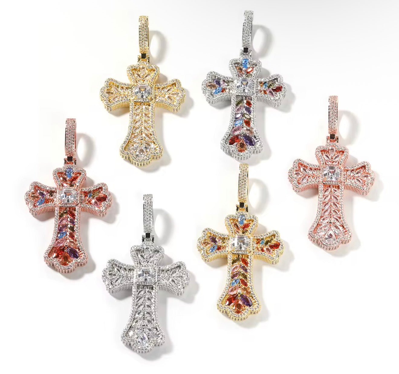 Iced Out Multicolor Gemstone Cross Pendant with Rope Chain - Virtue JewelGoldMulticolor Stones18 inchesPendant