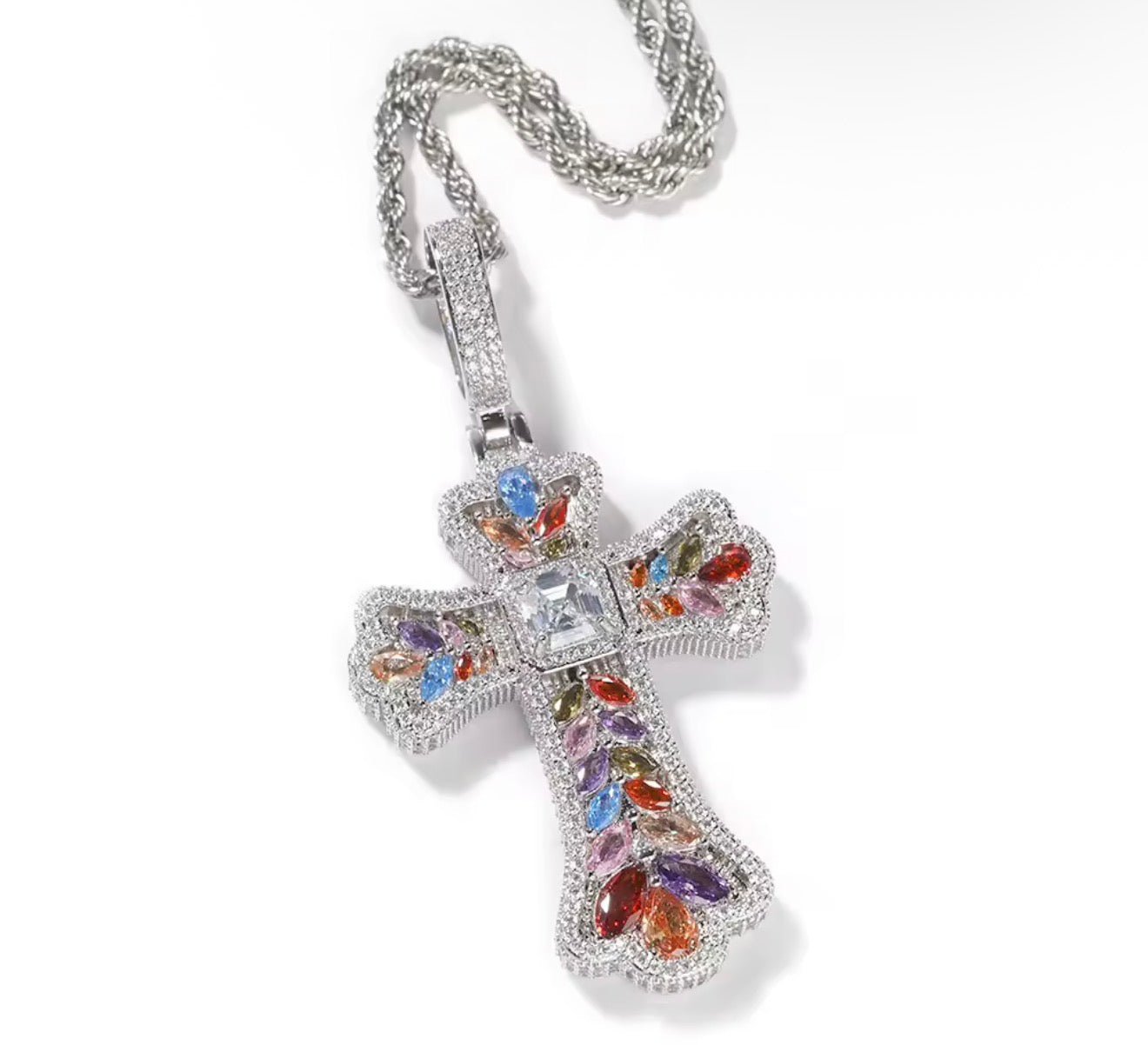 Iced Out Multicolor Gemstone Cross Pendant with Rope Chain - Virtue JewelGoldMulticolor Stones18 inchesPendant