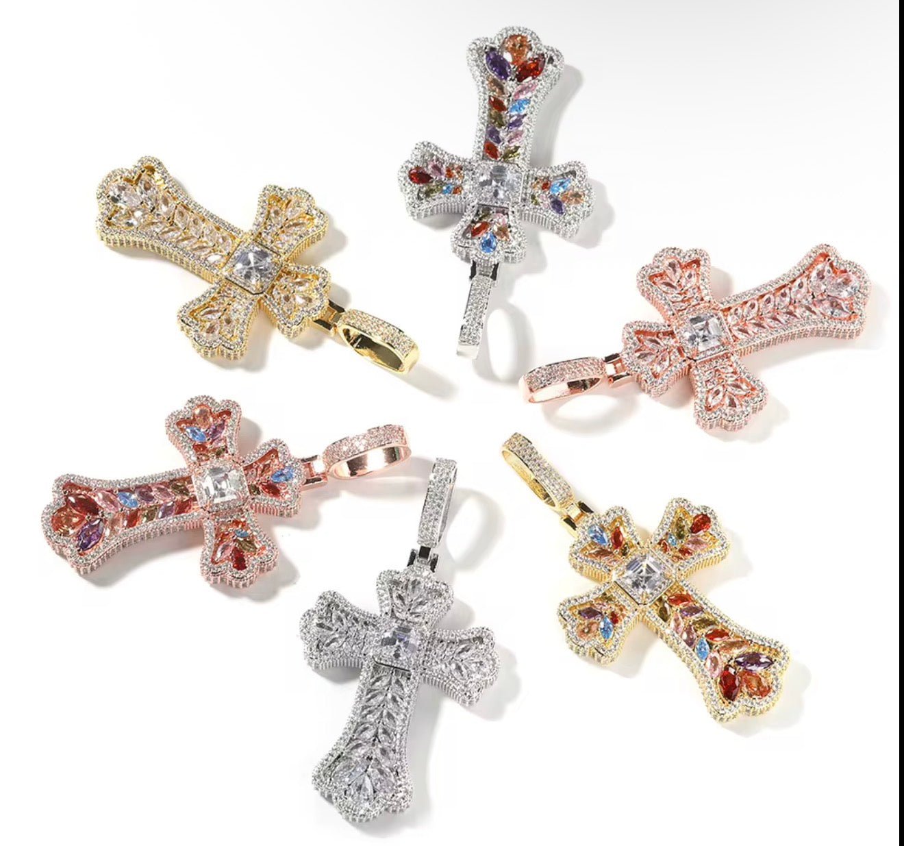Iced Out Multicolor Gemstone Cross Pendant with Rope Chain - Virtue JewelGoldMulticolor Stones18 inchesPendant