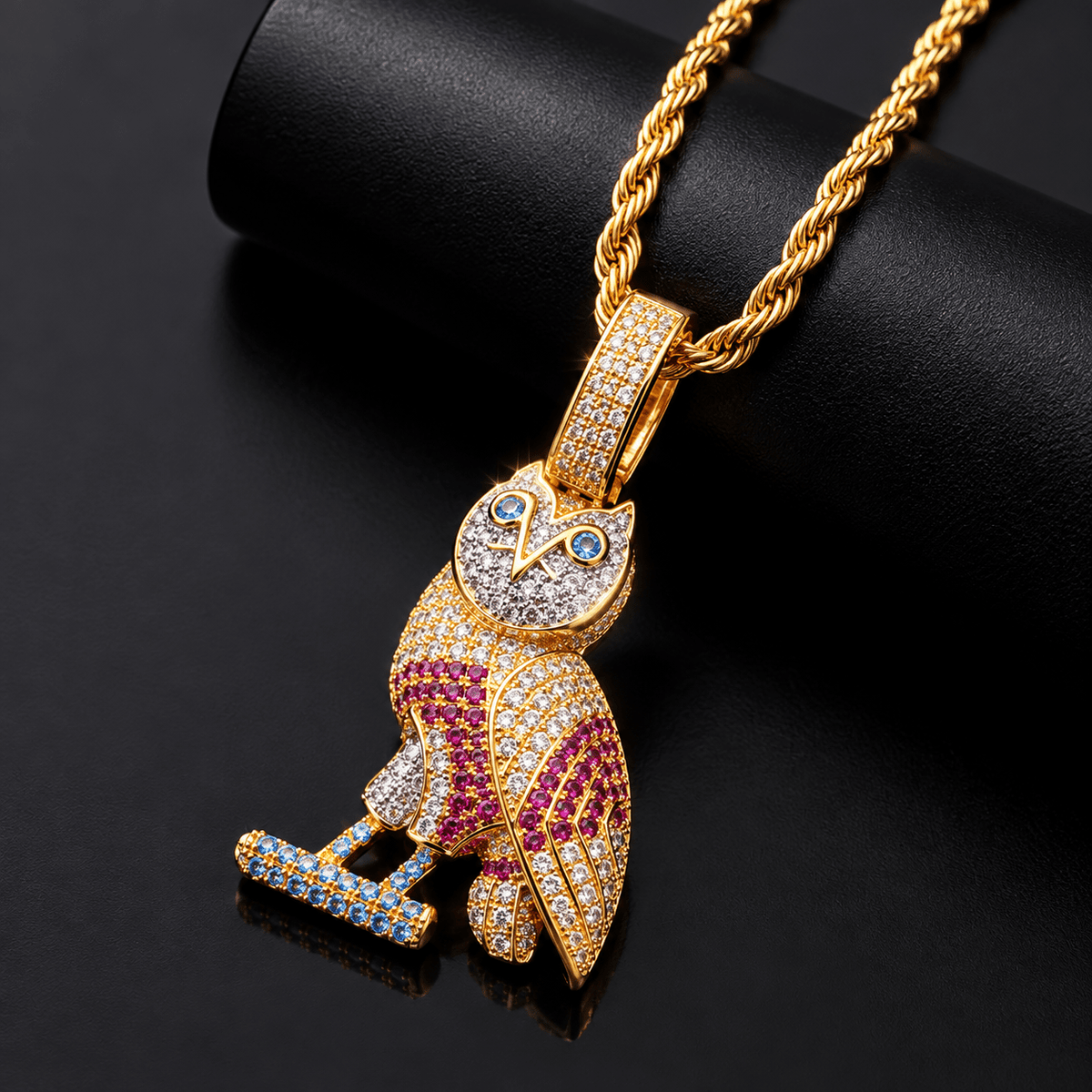 Iced-Out Owl Pendant Necklace – Gold-Tone Multicolor Stone Hip-Hop Jewelry - Virtue Jewel