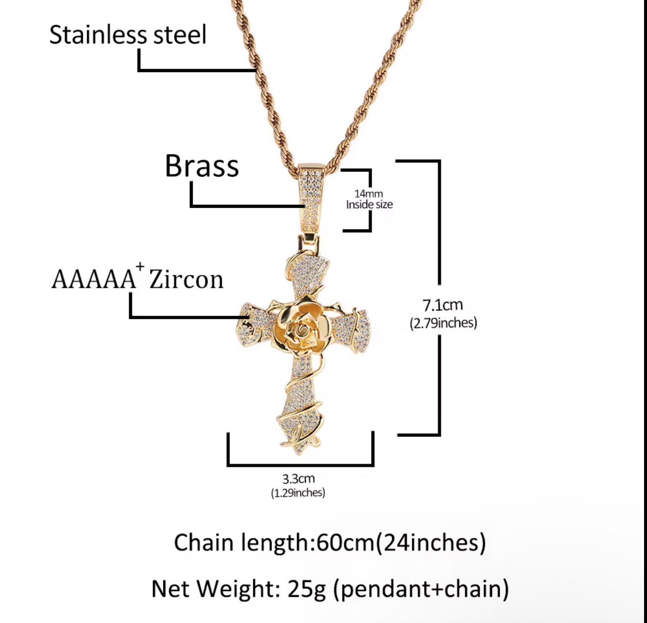Iced Out Rose Cross Pendant with Rope Chain - Virtue JewelGold18 inchesPendant