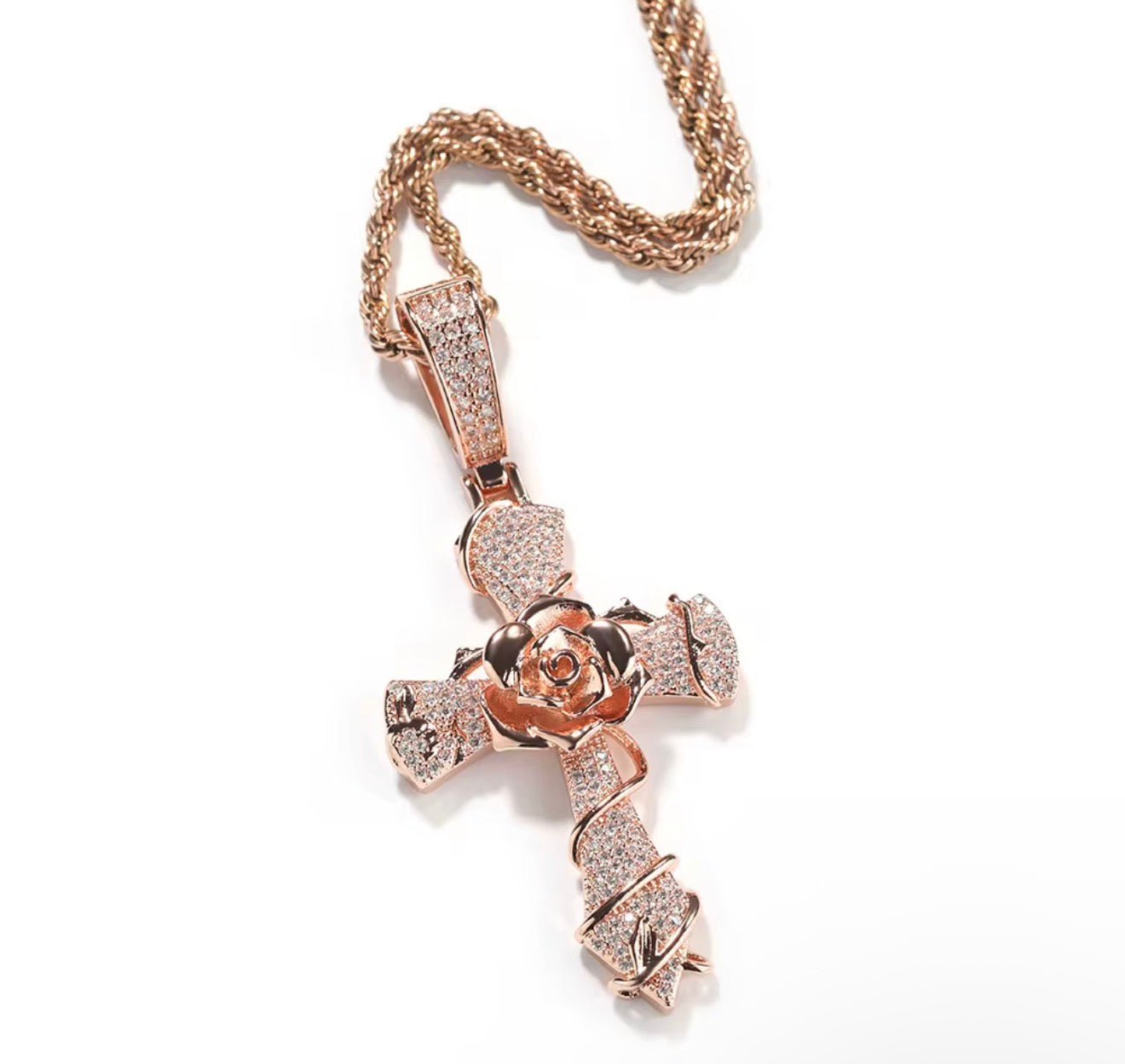 Iced Out Rose Cross Pendant with Rope Chain - Virtue JewelGold18 inchesPendant