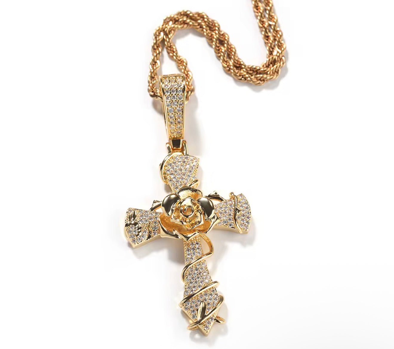 Iced Out Rose Cross Pendant with Rope Chain - Virtue JewelGold18 inchesPendant