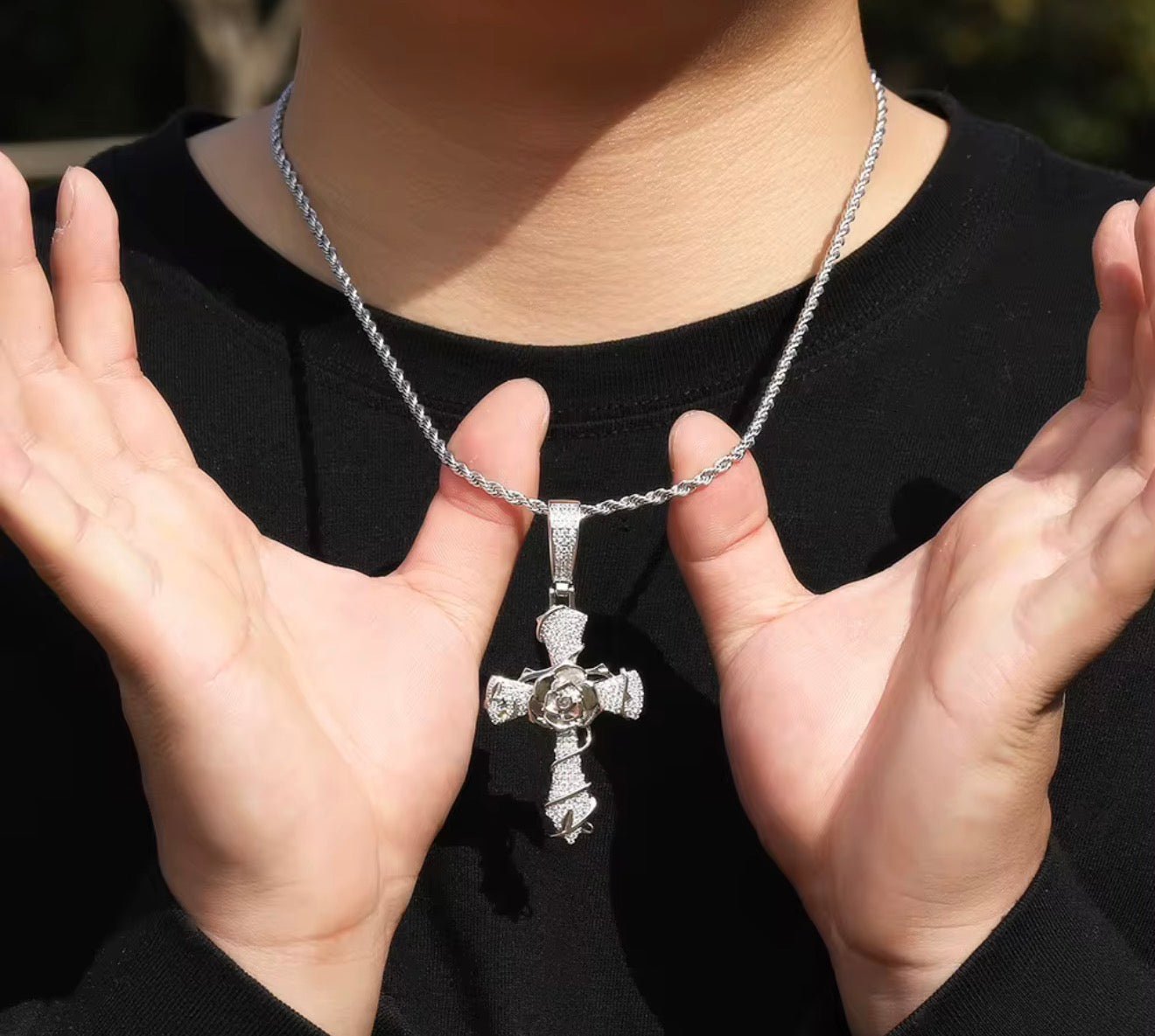 Iced Out Rose Cross Pendant with Rope Chain - Virtue JewelGold18 inchesPendant
