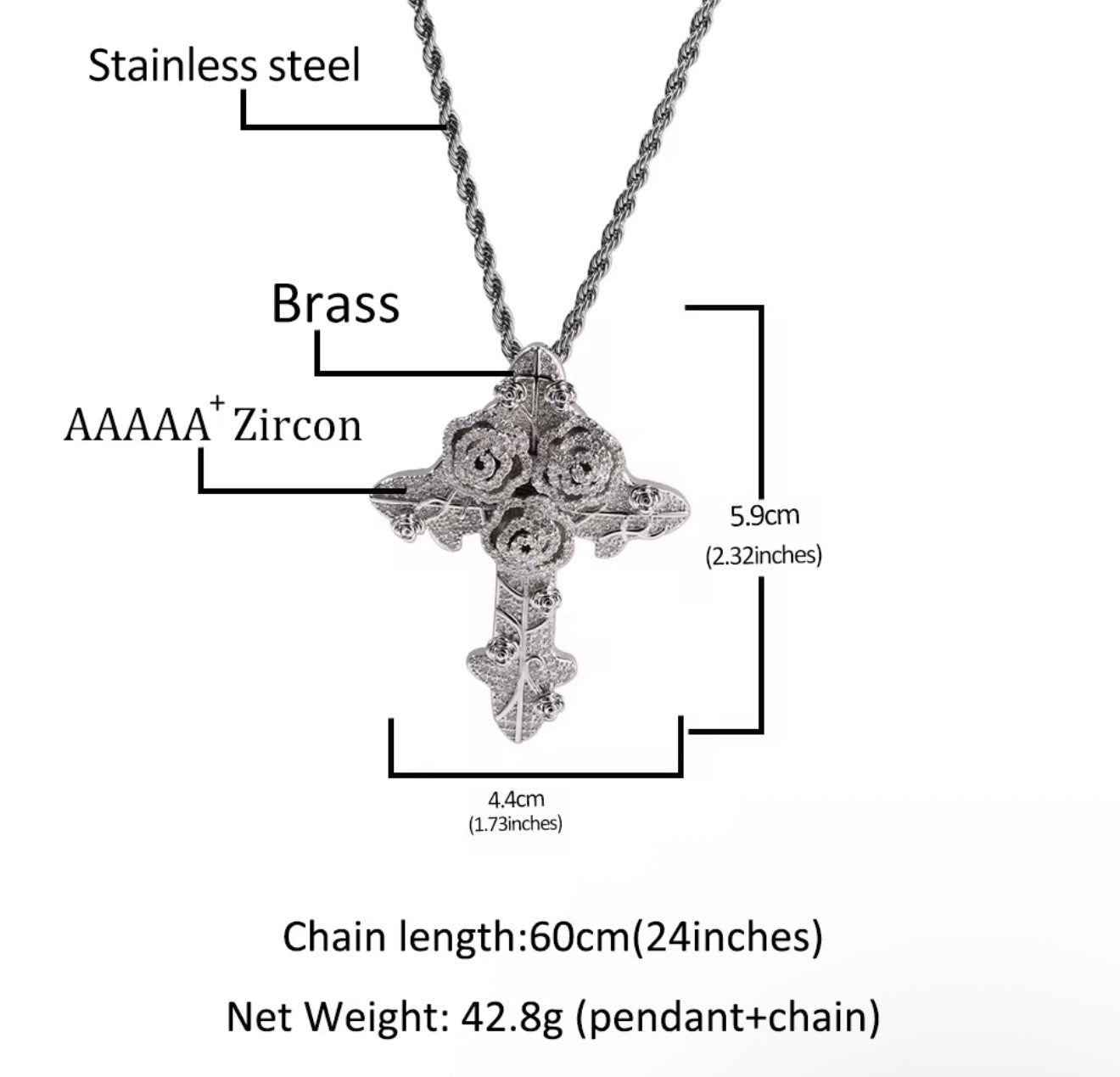 Iced Out Triple Rose Cross Pendant with Rope Chain - Virtue JewelGold18 inchesPendant
