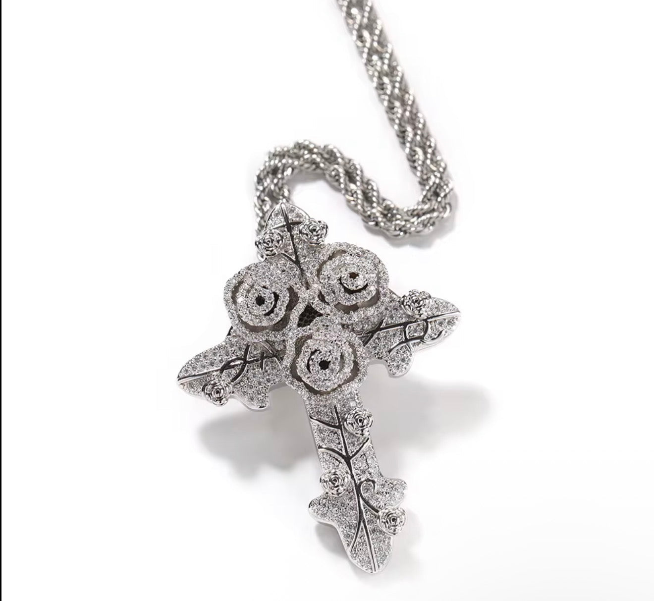 Iced Out Triple Rose Cross Pendant with Rope Chain - Virtue JewelGold18 inchesPendant