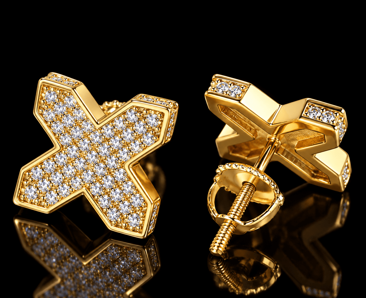 Iced Out X Shape Stud Earrings – VVS Moissanite, Gold & Silver - Virtue JewelSilver