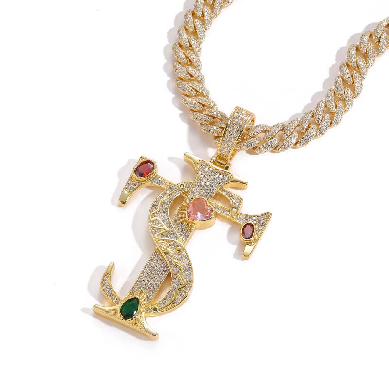 Iced TS Cross Gemstone Pendant Necklace - Virtue JewelGold3mm Twist Rope 24"Necklace