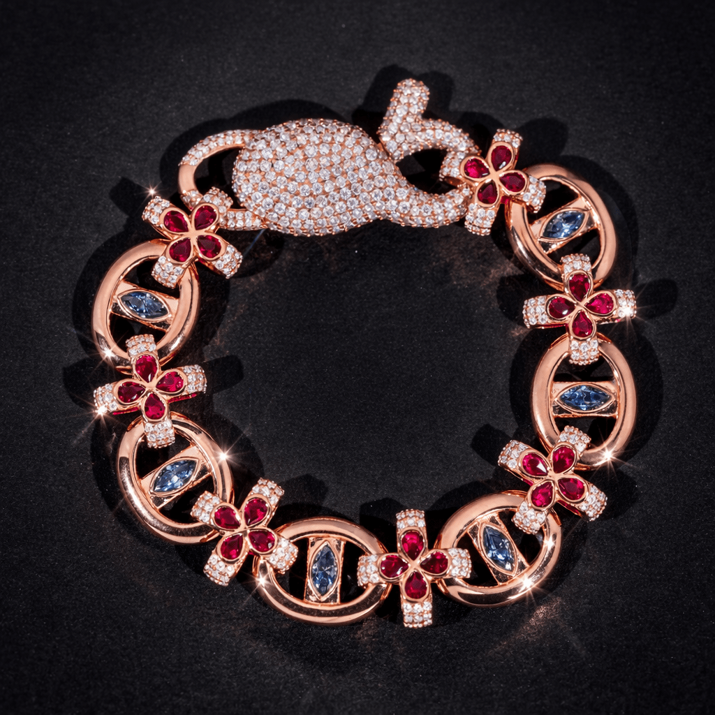 Infinity Link Colorful Moissanite Diamond Evil Eye Clover Bracelet - Virtue JewelRose gold7 inch