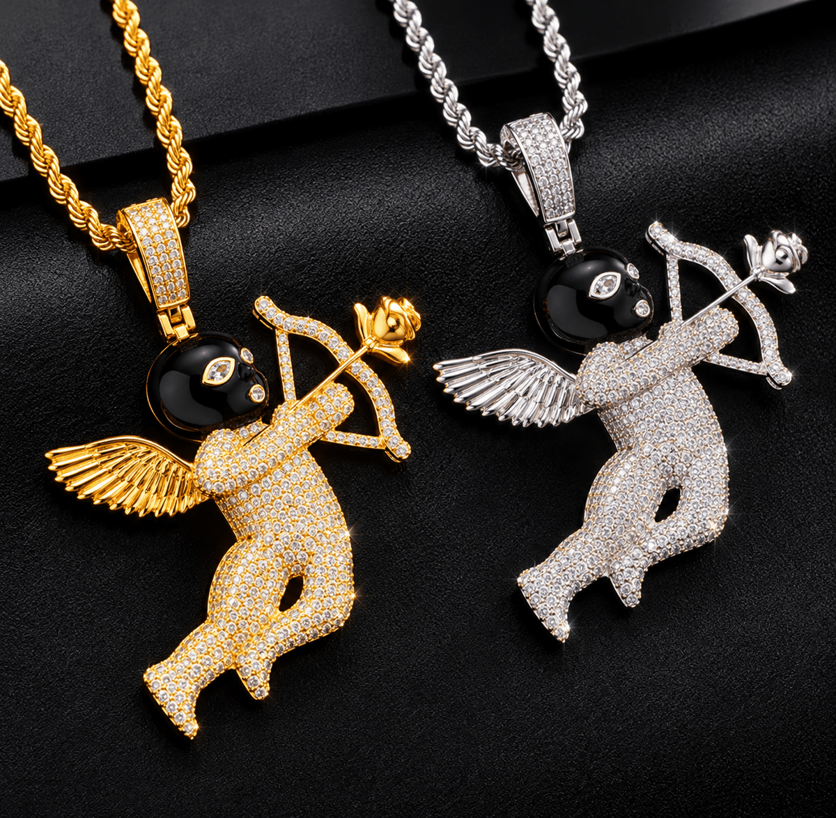 Love Struck Iced-Out Cupid Pendant Necklace – Gold & Silver - Virtue JewelGold
