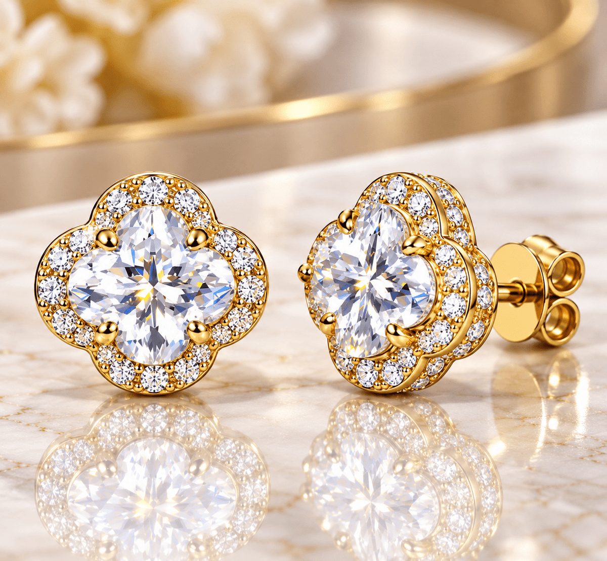 Luxury Halo Four Leaf Clover Stud Earrings – 925 Sterling Silver VVS Moissanite - Virtue JewelWhite Gold4mmEarrings