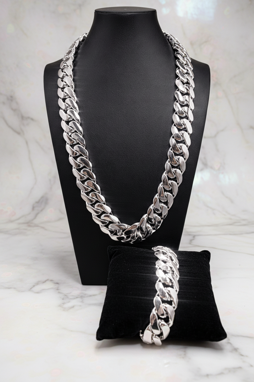 Miami Cuban Link White Gold Plated Chain & Bracelet Set - Virtue Jewel20mm18inch7inch