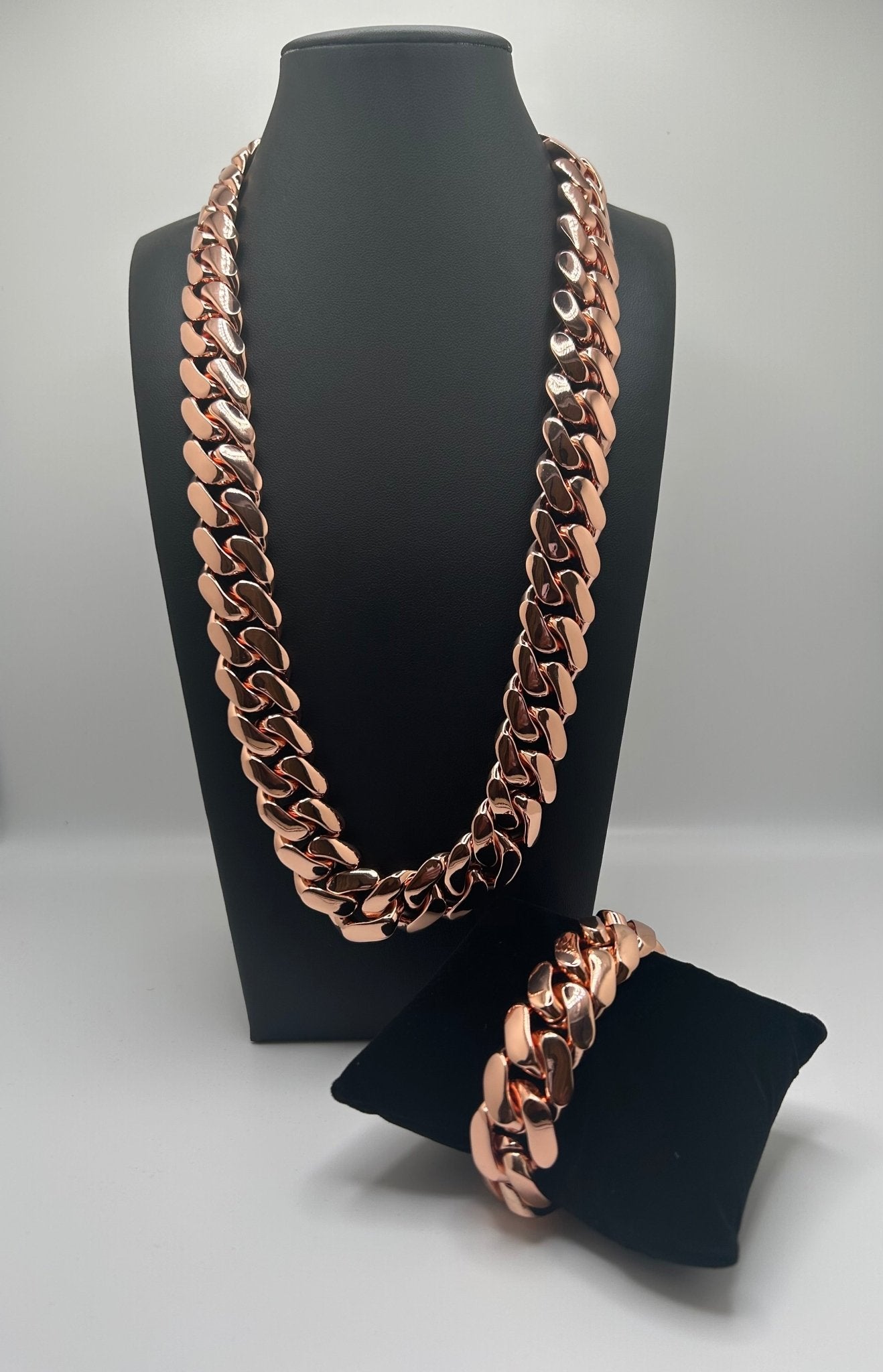 Miami Cuban Rose Gold Plated Chain & Bracelet Set - Virtue Jewel7inch Diamond LockDiamond Lock 24inch20 mmJewelry Set