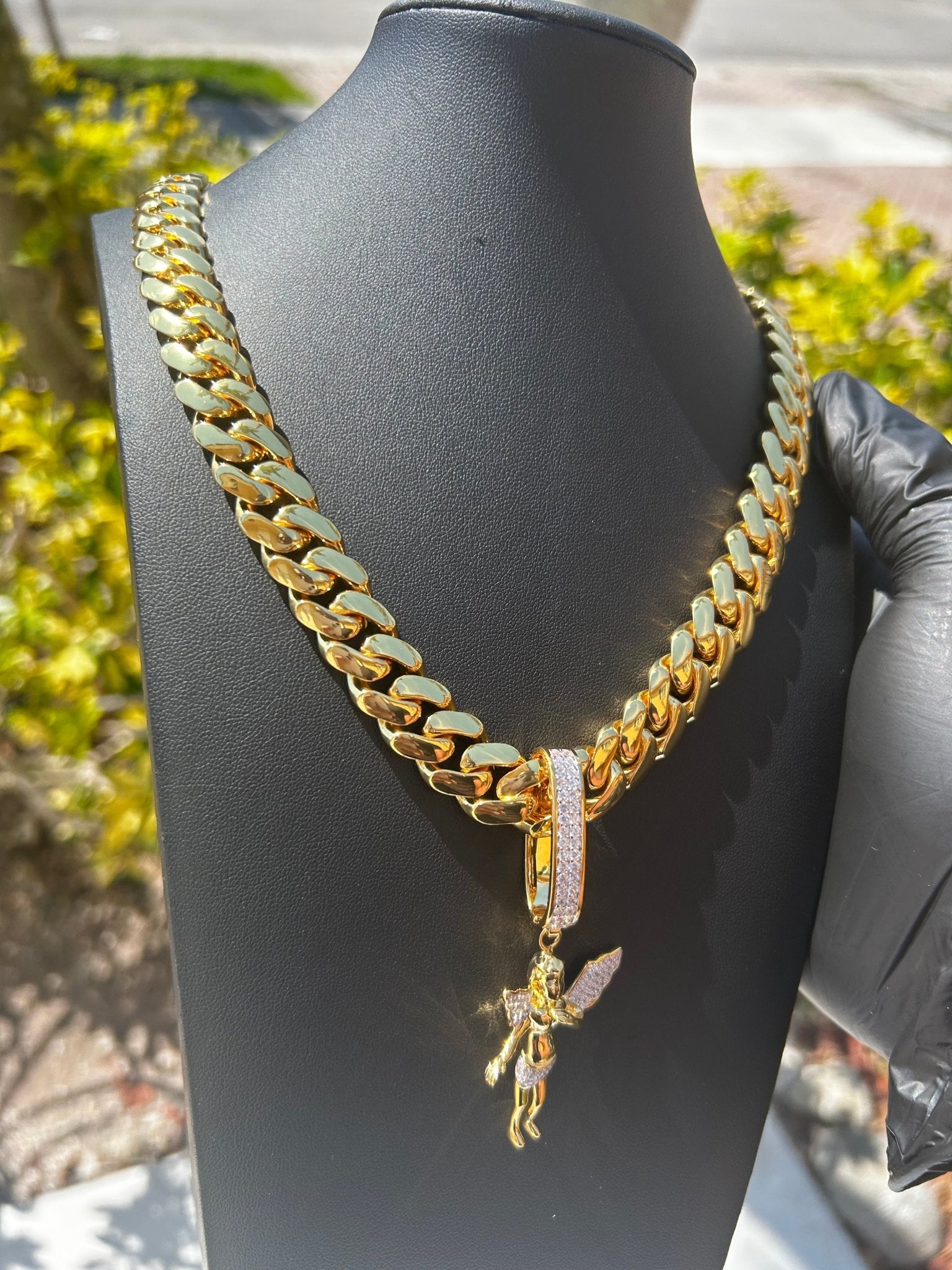 Miami Gold Cuban Chain & Baby Angel Pendant Set - Virtue Jewel14mm (Slim)16inch