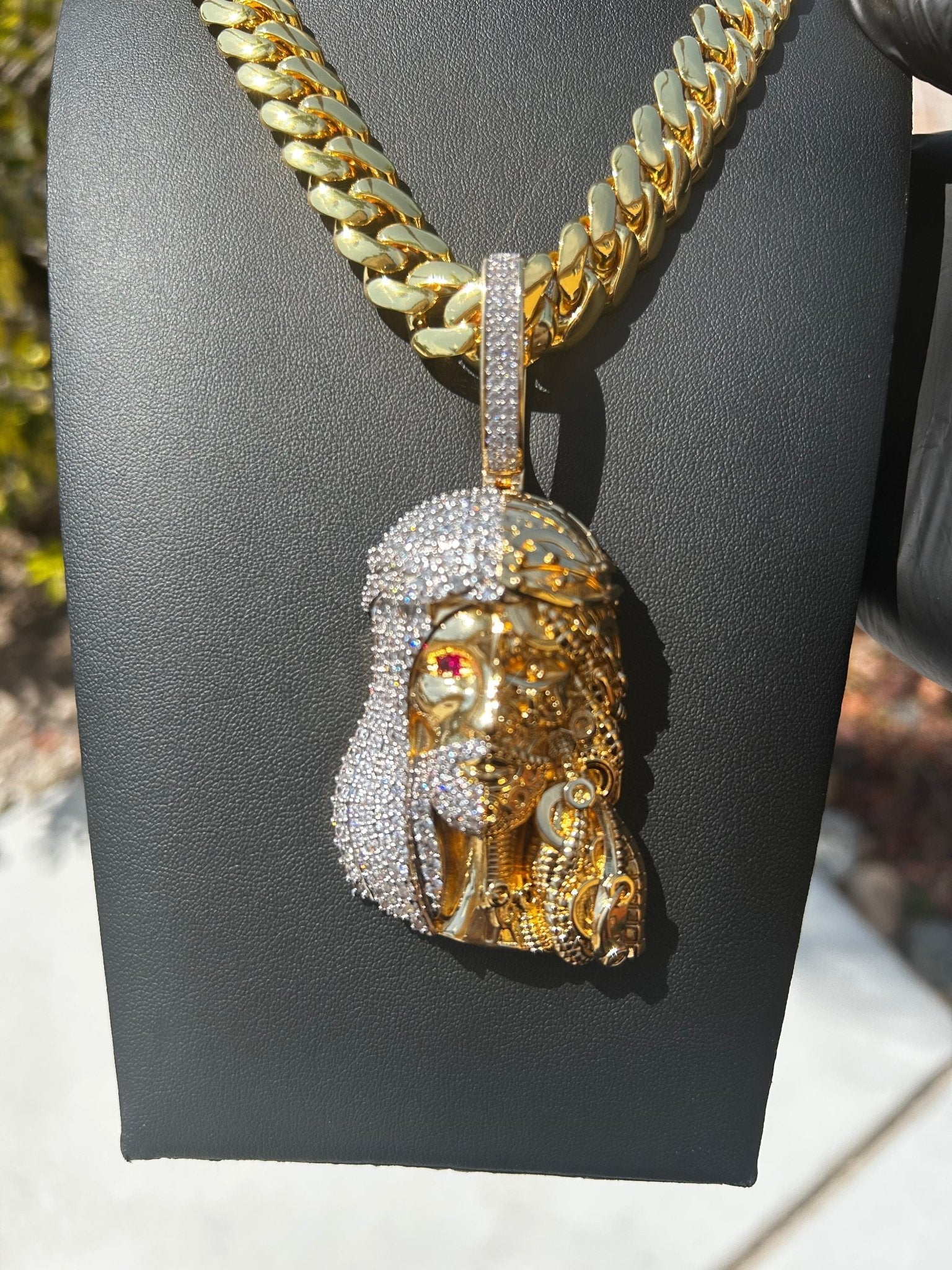 Miami Gold Cuban Chain & Half Iced Jesus Pendant Set - Virtue Jewel14mm (Slim)16inch