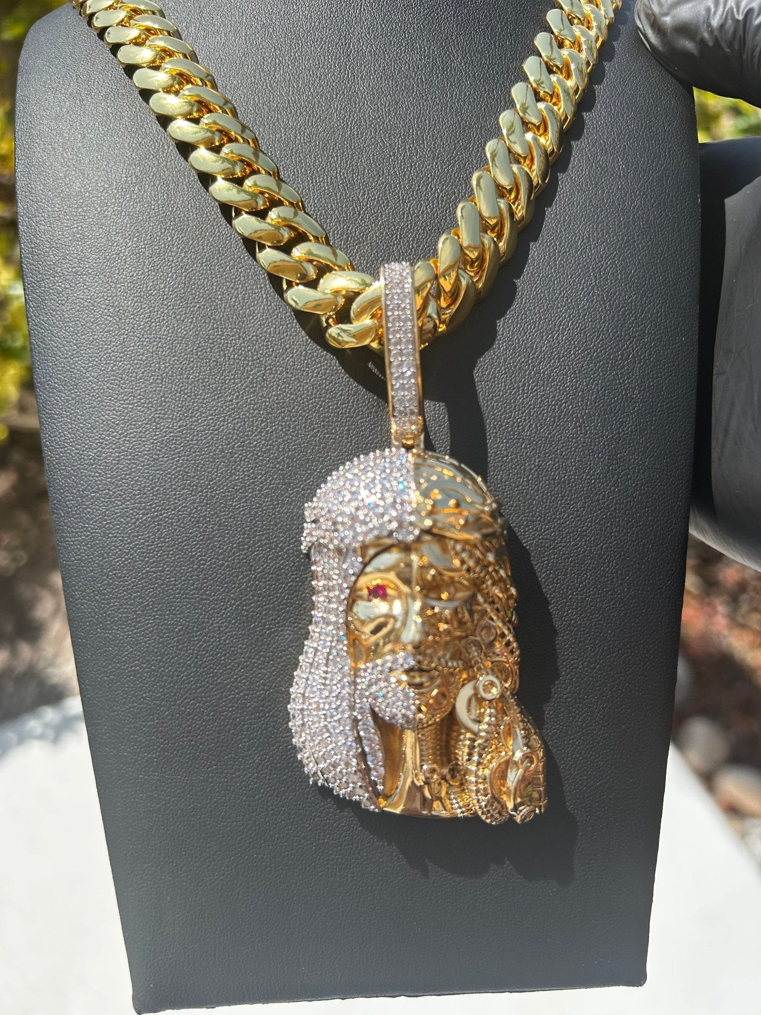 Miami Gold Cuban Chain & Half Iced Jesus Pendant Set - Virtue Jewel14mm (Slim)16inch