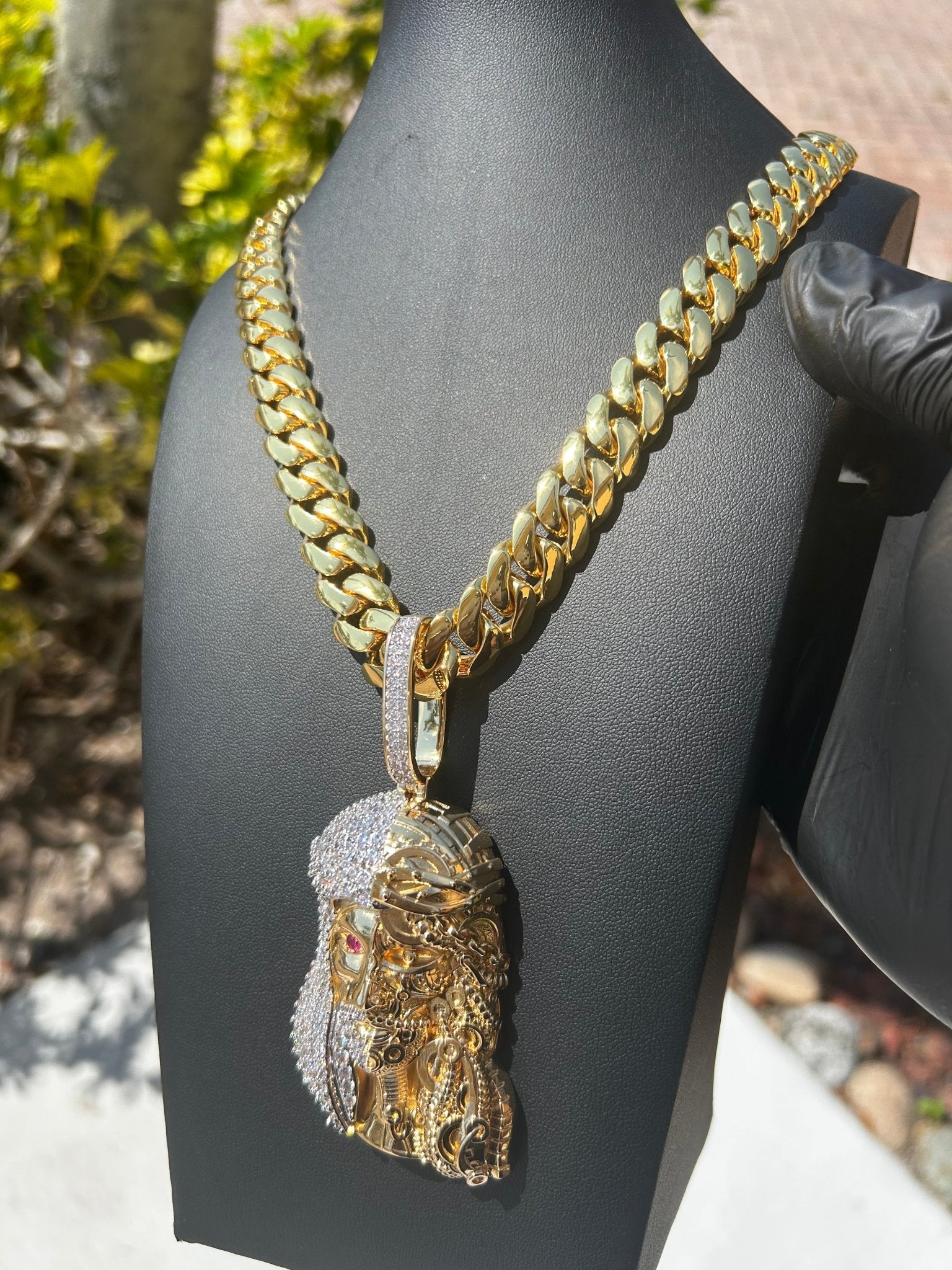 Miami Gold Cuban Chain & Half Iced Jesus Pendant Set - Virtue Jewel14mm (Slim)16inch