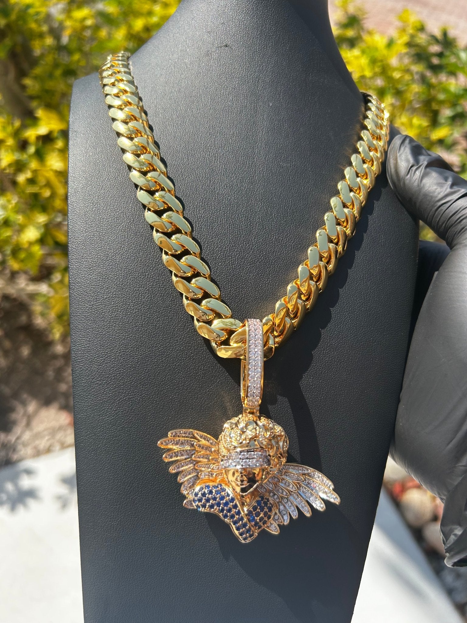 Miami Gold Cuban Chain & Icy Angel Pendant Set - Virtue Jewel14mm (Slim)16inch