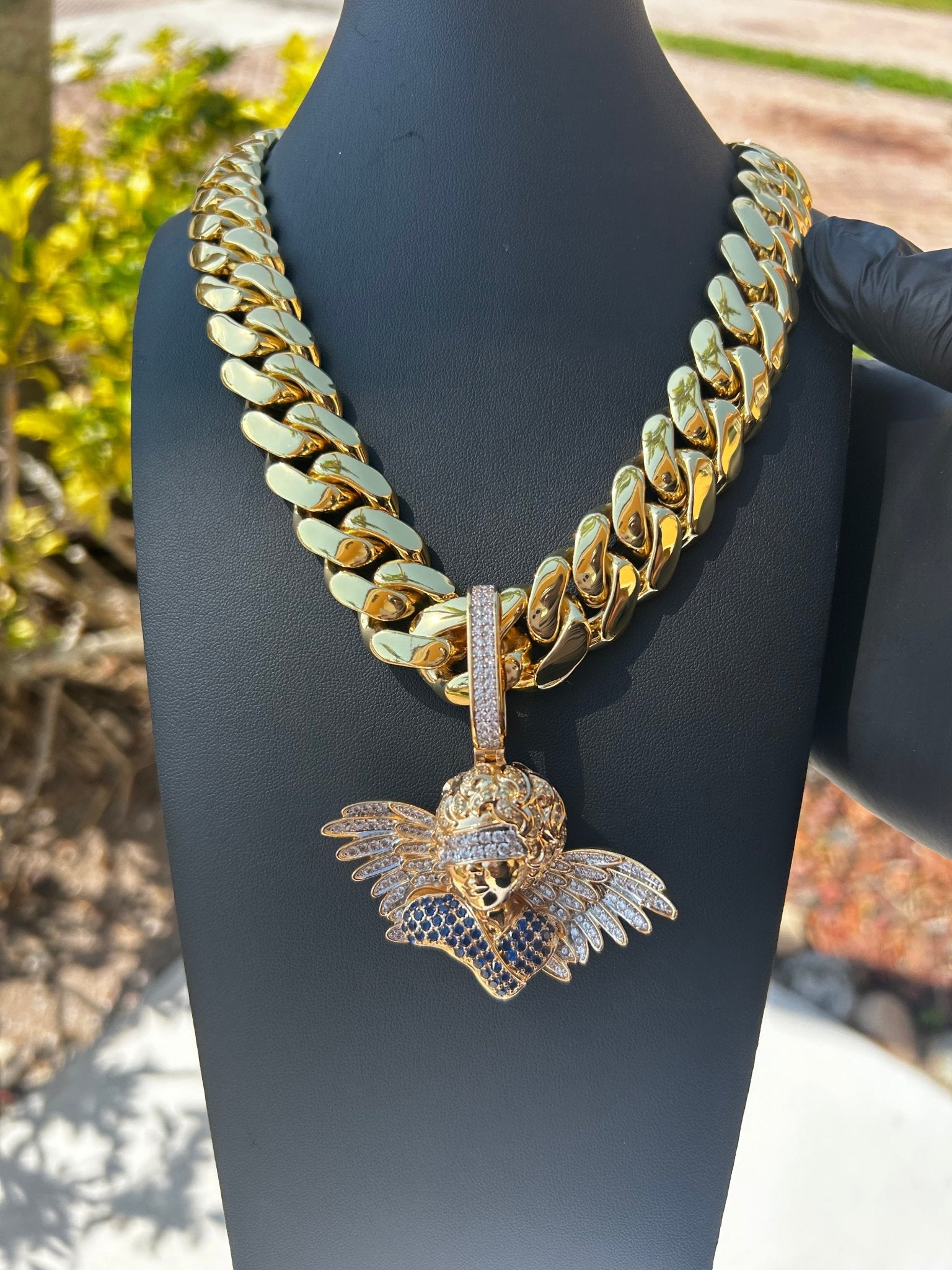 Miami Gold Cuban Chain & Icy Angel Pendant Set - Virtue Jewel14mm (Slim)16inch