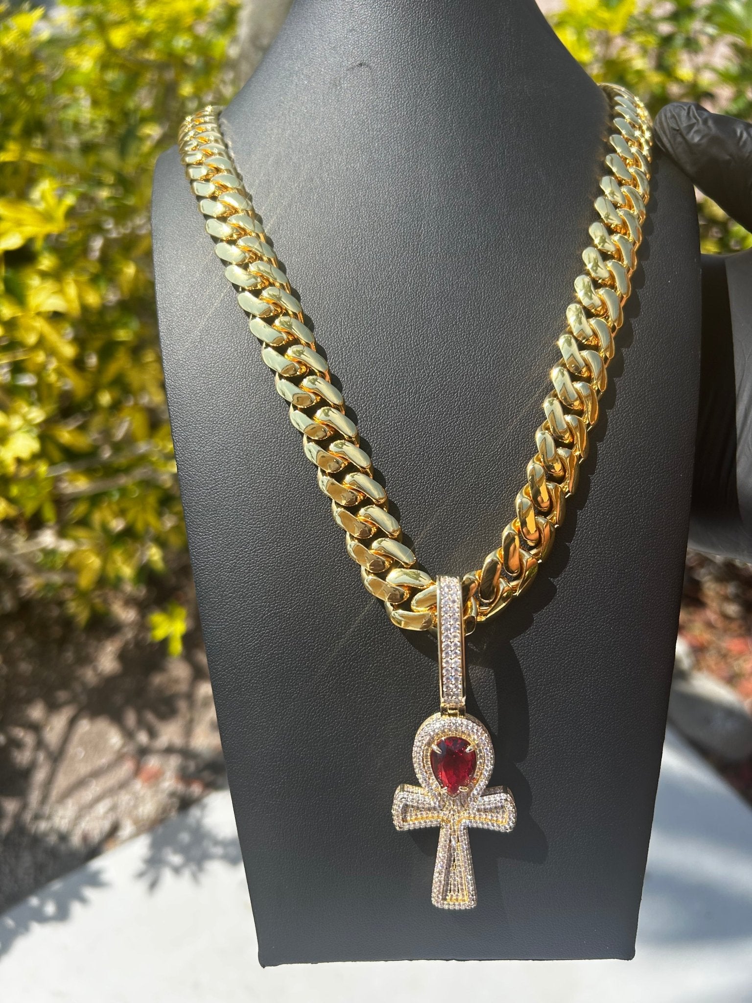 Miami Gold Cuban Chain & Red Ruby Ankh Pendant Set - Virtue Jewel14mm (Slim)16inch