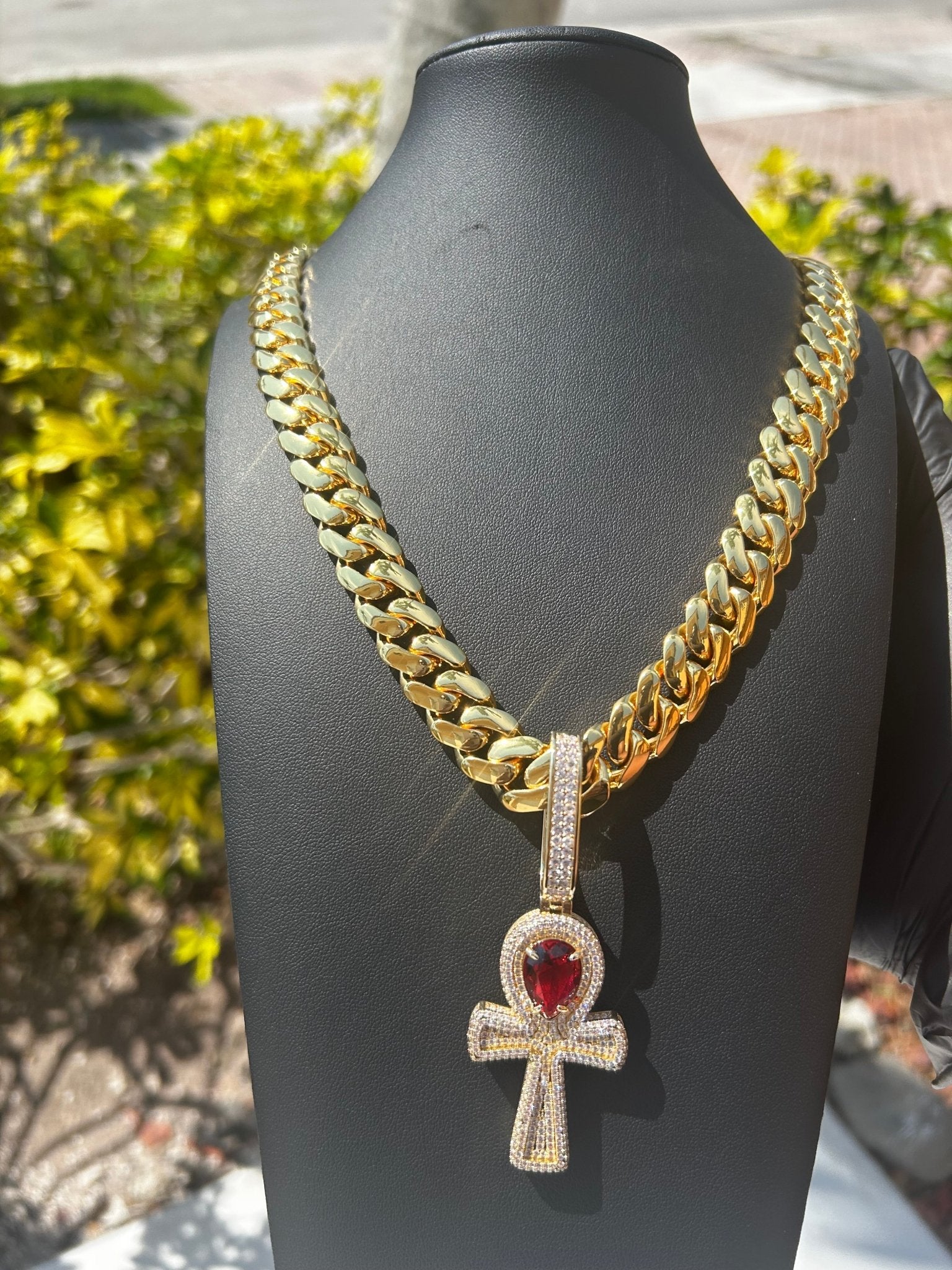 Miami Gold Cuban Chain & Red Ruby Ankh Pendant Set - Virtue Jewel14mm (Slim)16inch