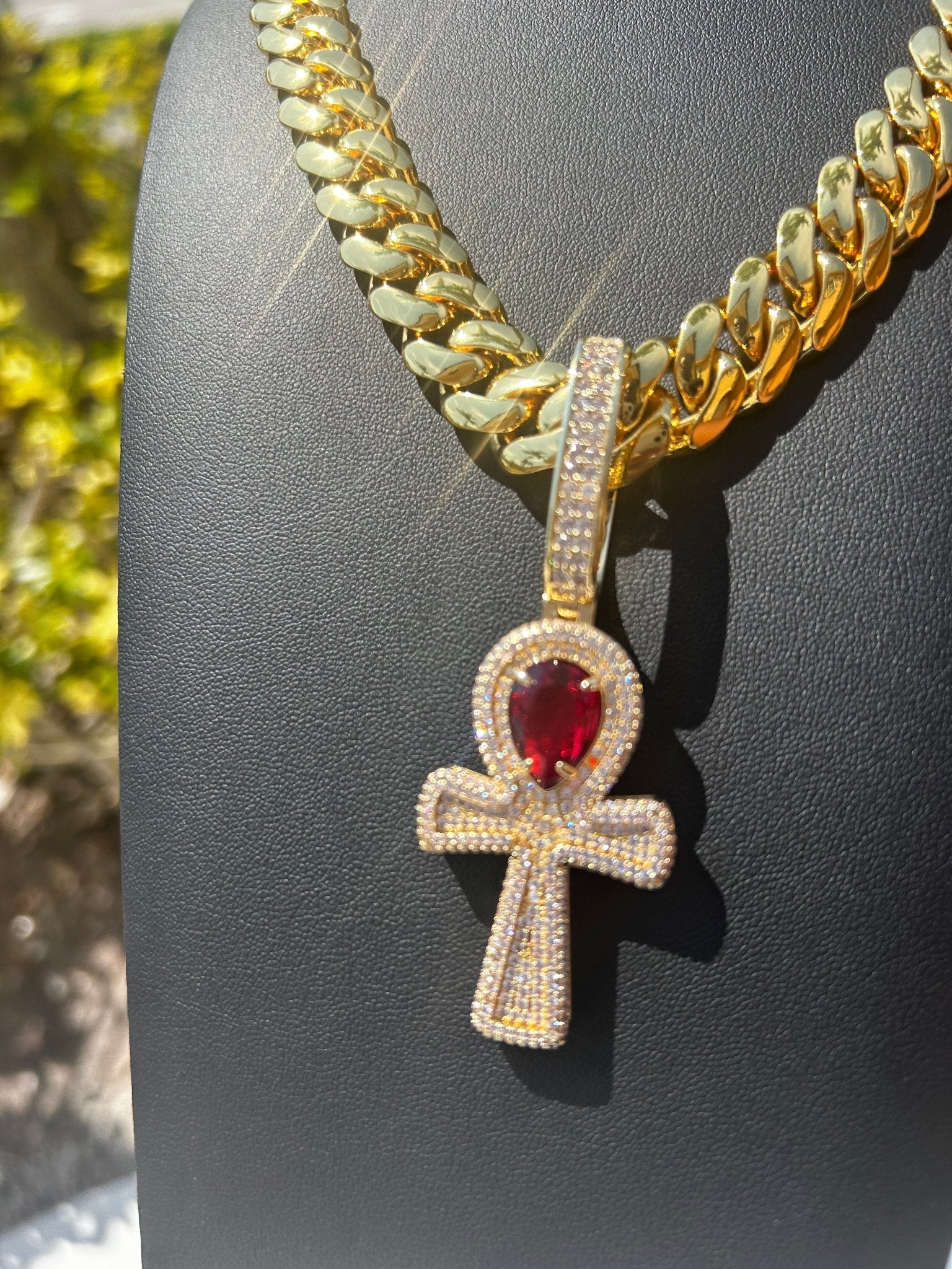 Miami Gold Cuban Chain & Red Ruby Ankh Pendant Set - Virtue Jewel14mm (Slim)16inch