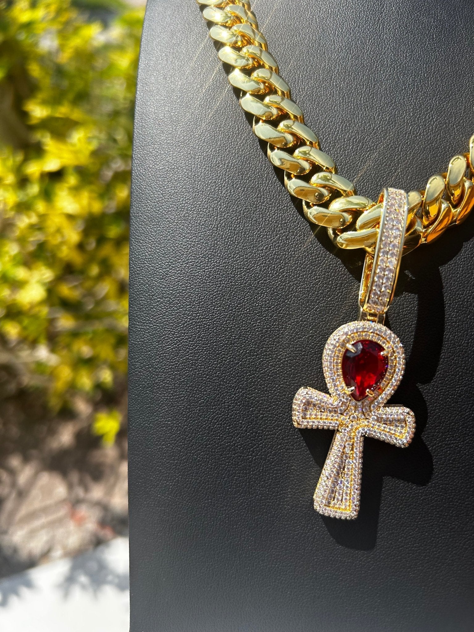 Miami Gold Cuban Chain & Red Ruby Ankh Pendant Set - Virtue Jewel14mm (Slim)16inch
