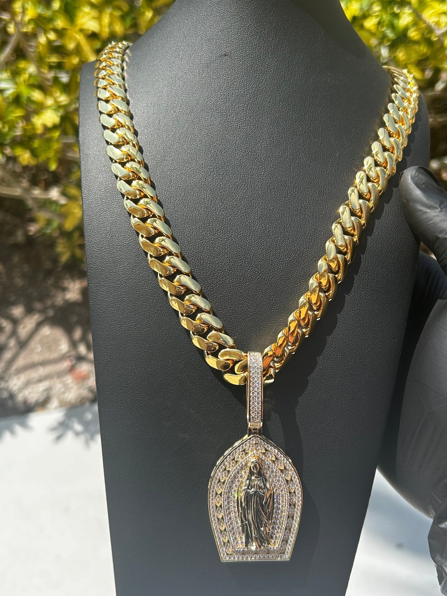 Miami Gold Cuban Chain & Virgin Mary Pendant Set - Virtue Jewel14mm (Slim)16inch
