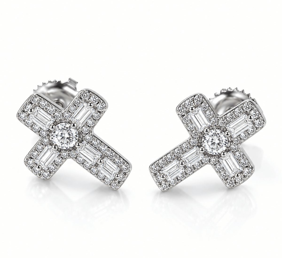 Moissanite Cross Earrings S925 Sterling Silver Iced Out VVS D Color Baguette - Virtue JewelSilverEarrings