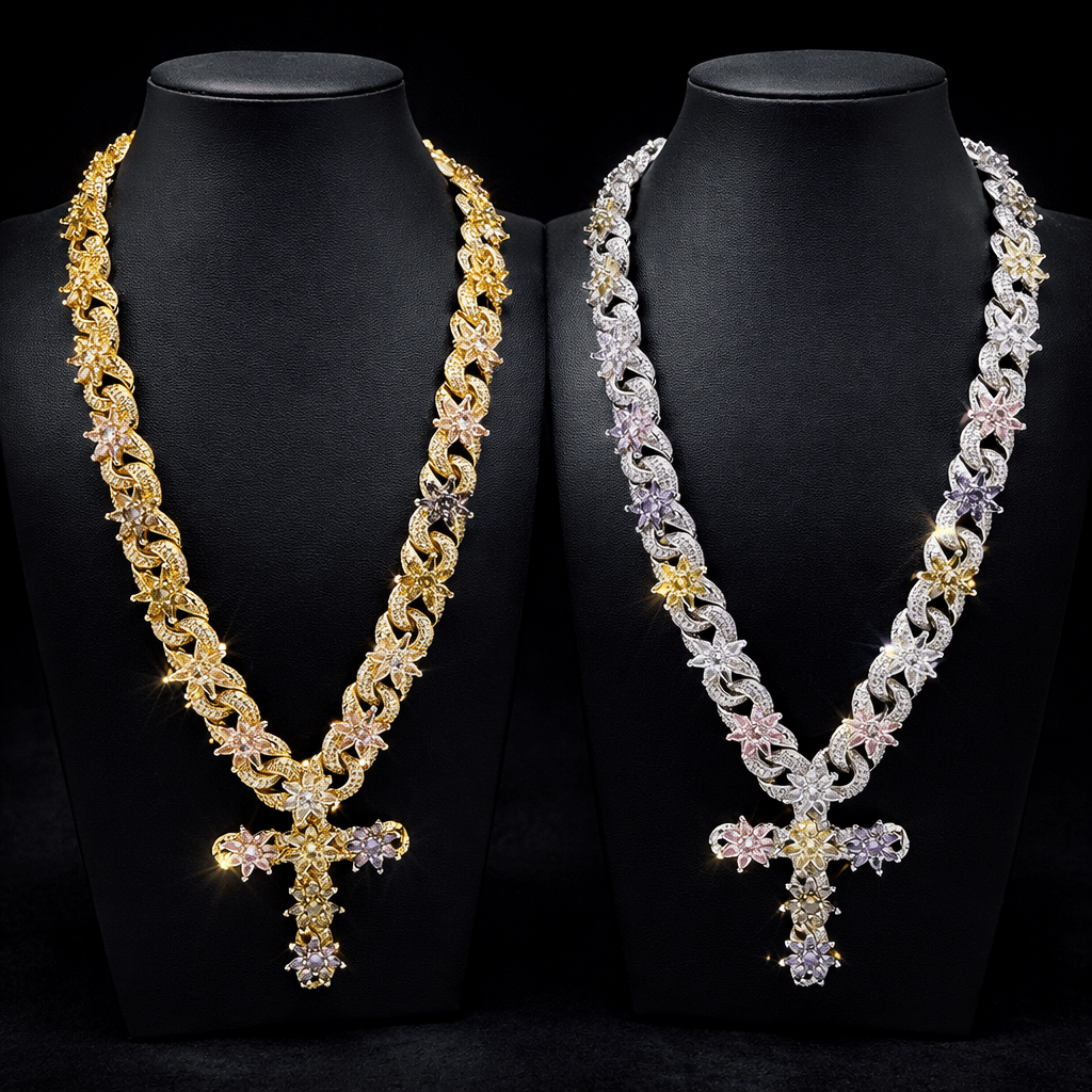 Multicolor Flower Cross Elegant Chain Unisex - Virtue JewelSilver20