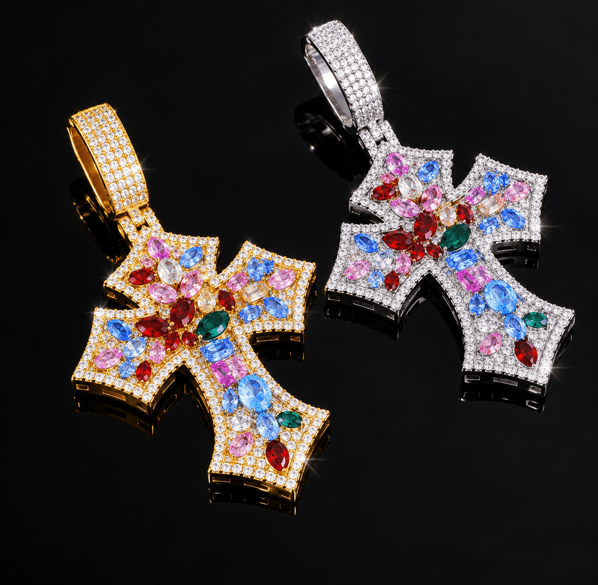 Multicolor Iced-Out Cross Pendant – Rainbow CZ Statement Jewelry - Virtue JewelGold