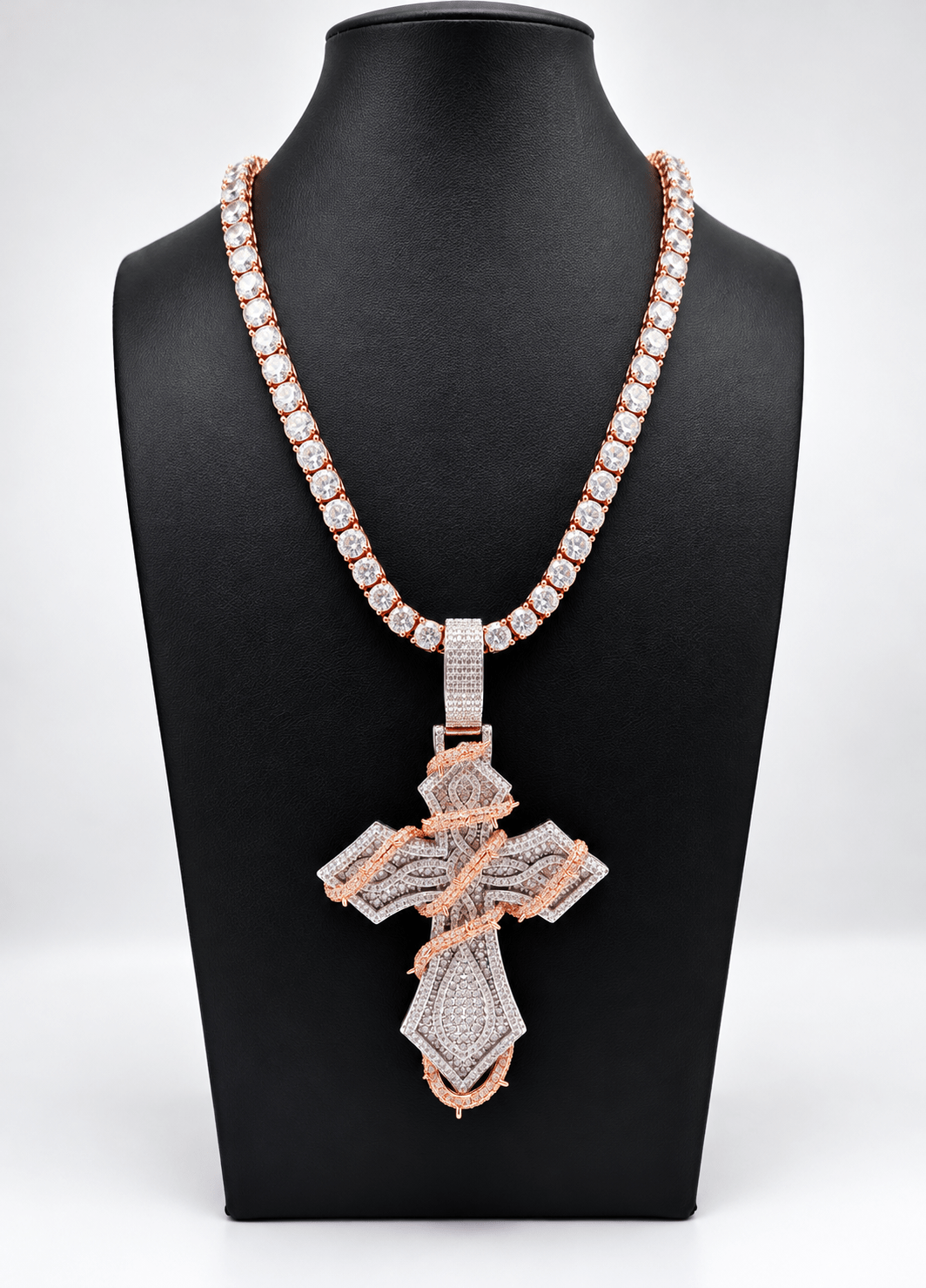 Rose Gold & Silver Iced-Out Cross Pendant with Tennis Chain - Virtue Jewel