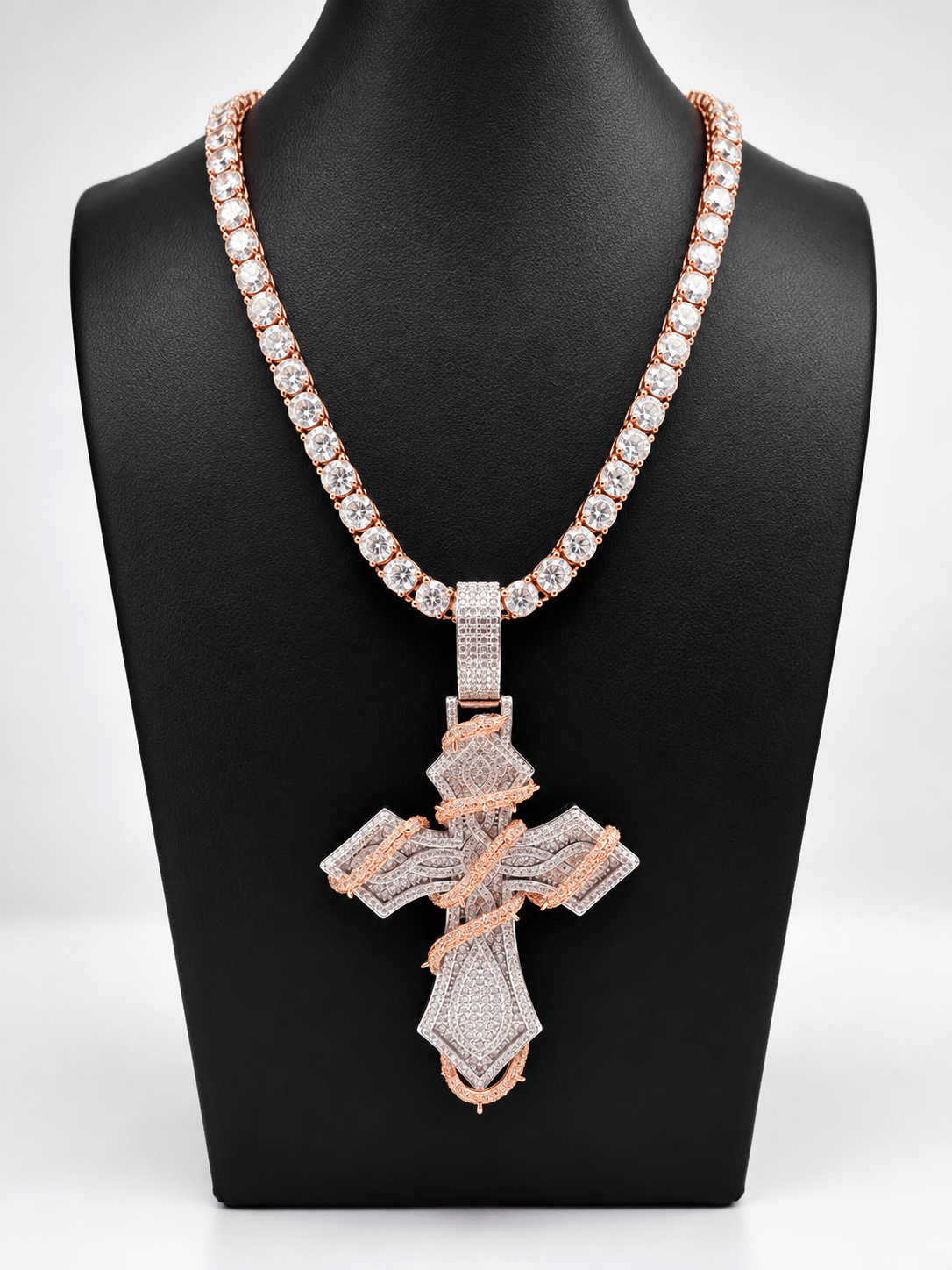 Rose Gold & Silver Iced-Out Cross Pendant with Tennis Chain - Virtue Jewel