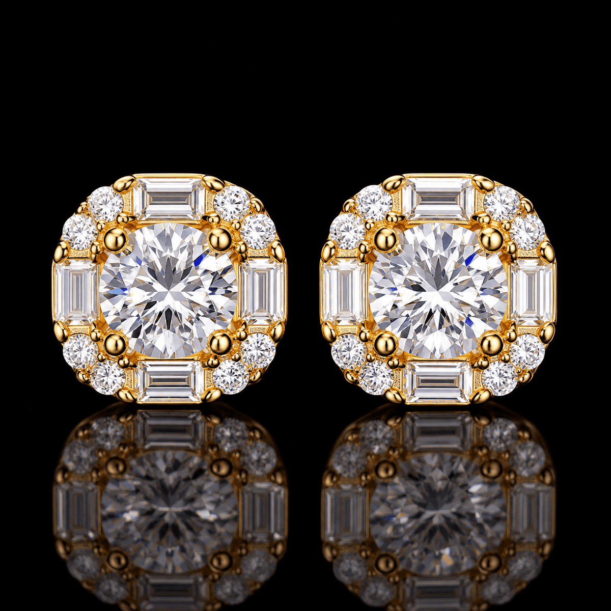 Round & Baguette Halo Stud Earrings – 925 Sterling Silver Moissanite, Gold & White Gold - Virtue JewelWhite Gold