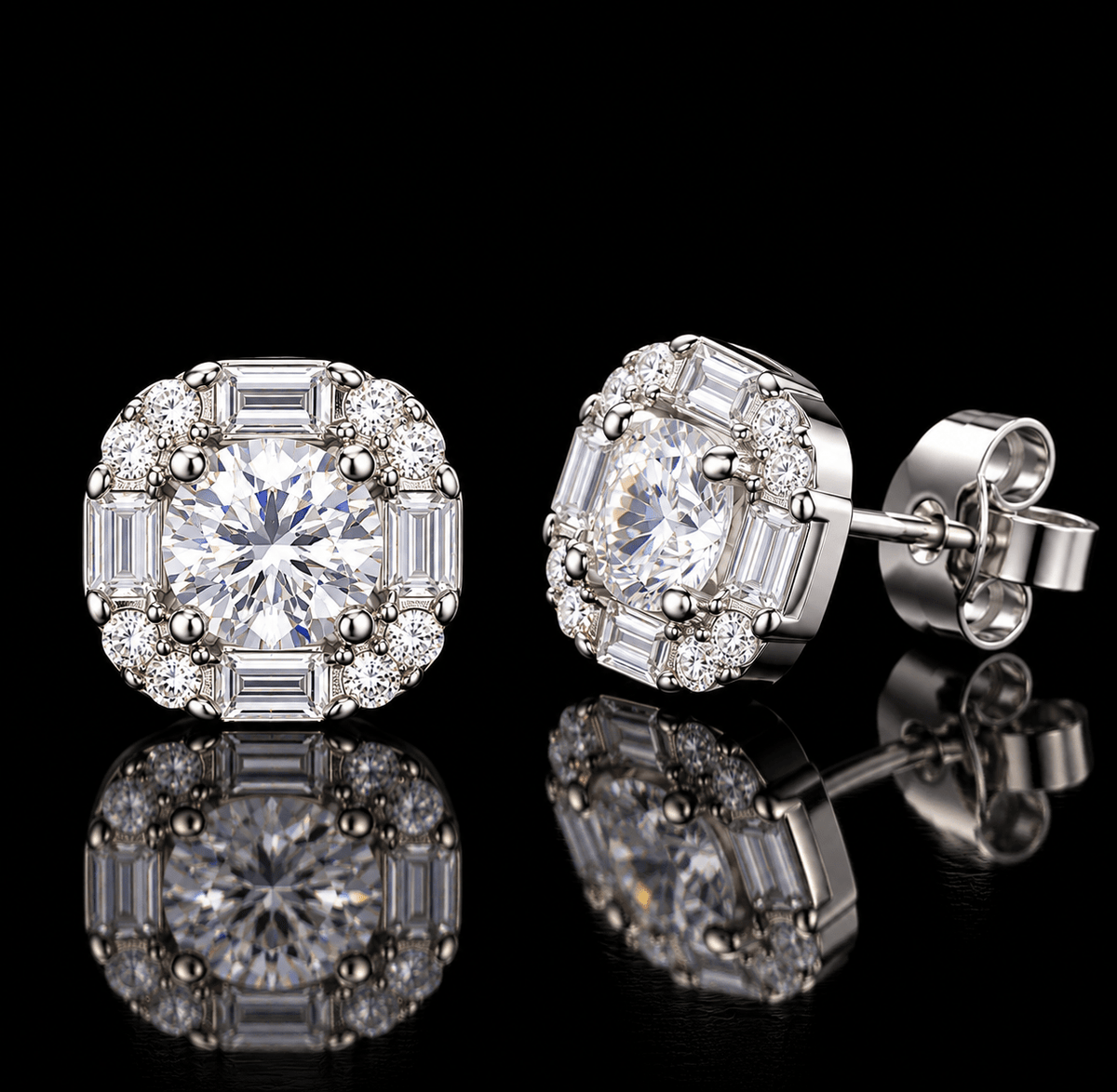 Round & Baguette Halo Stud Earrings – 925 Sterling Silver Moissanite, Gold & White Gold - Virtue JewelWhite Gold