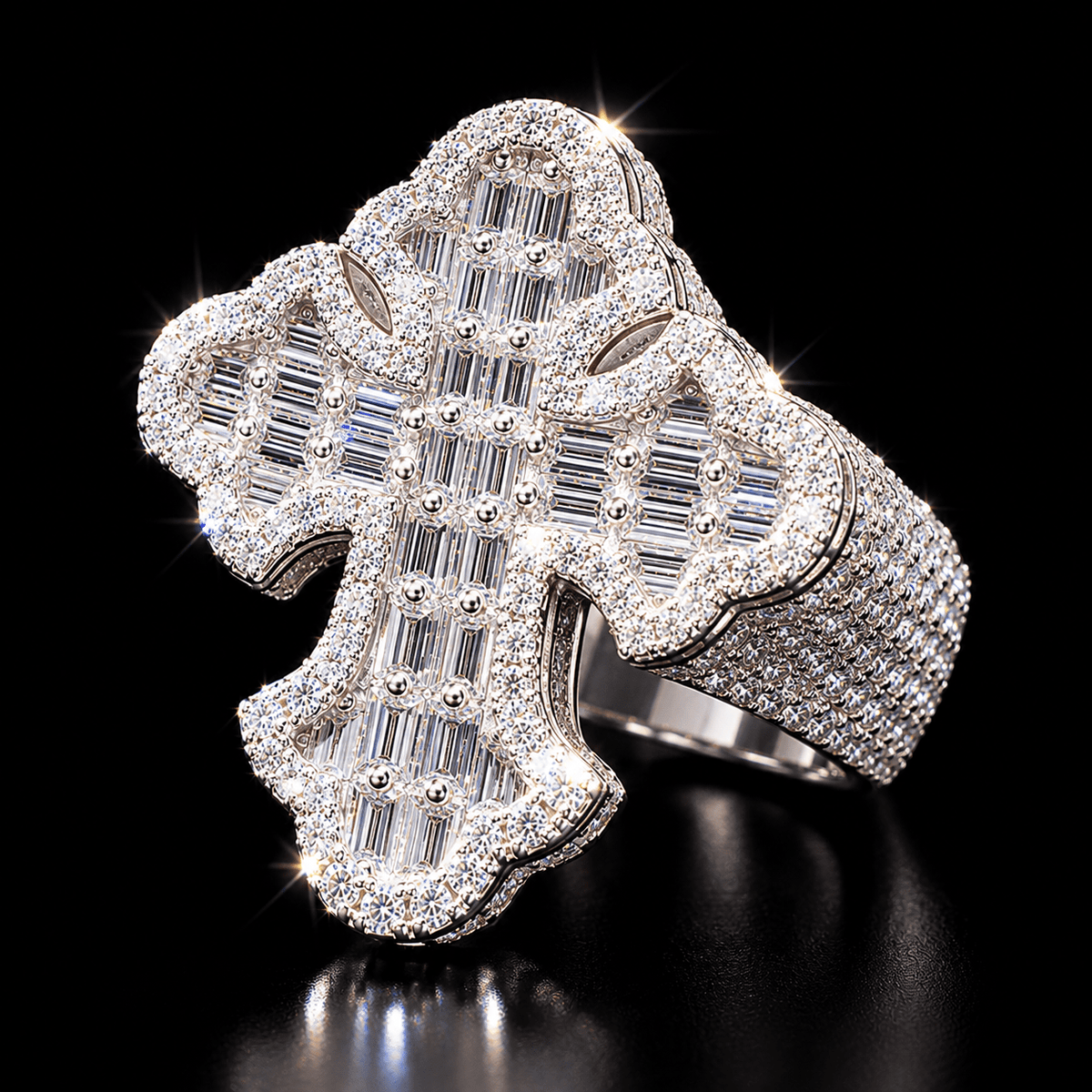 Royal Cross Iced-Out Baguette Statement Ring – Silver-Tone - Virtue Jewel