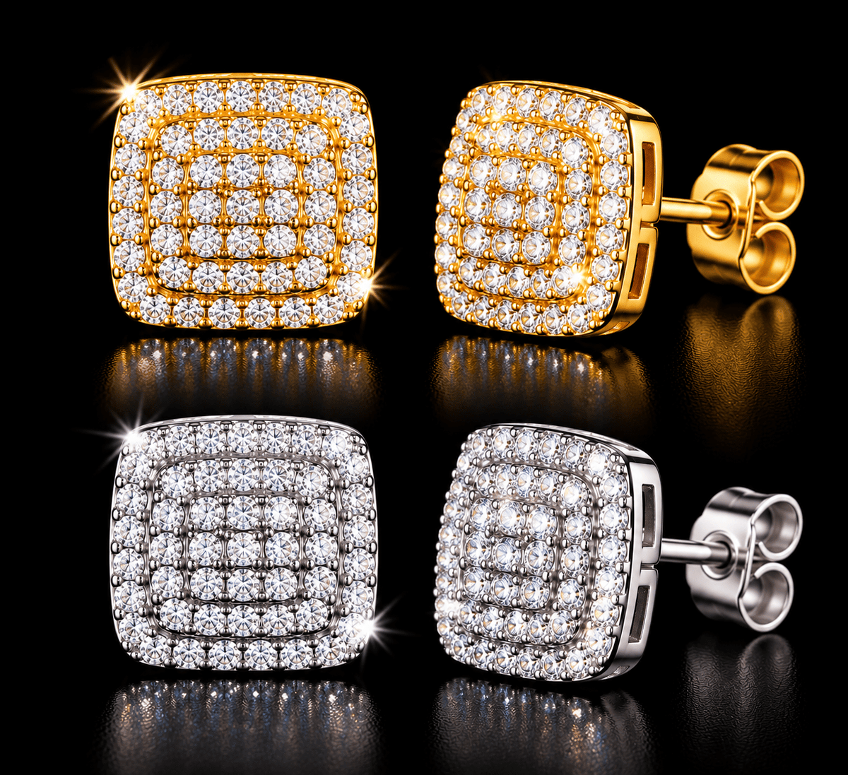 Royal Ice Iced-Out Square Cluster Stud Earrings – Gold & Silver - Virtue JewelGold