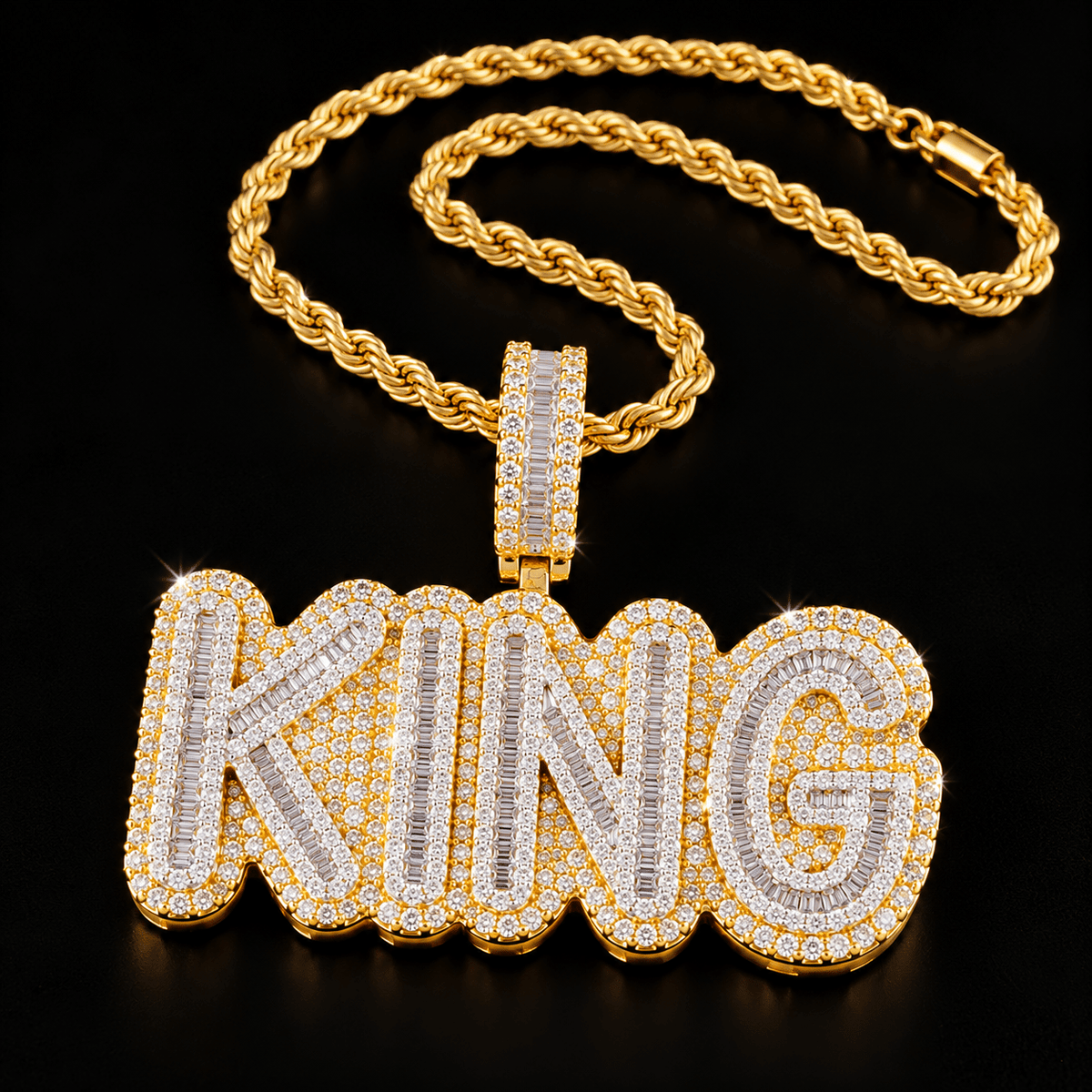 Royal King Iced-Out Baguette Pendant Necklace – Gold - Virtue Jewel