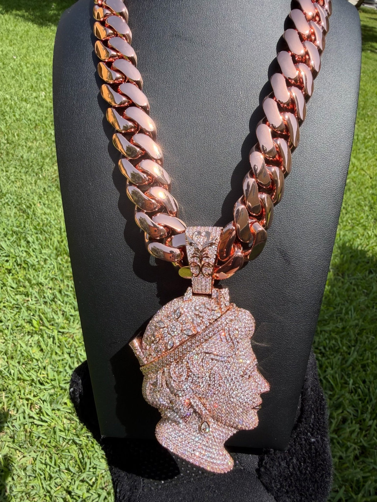 Royal Queen Elizabeth Pendant With Rose Gold Cuban Chain - Virtue Jewel18inch
