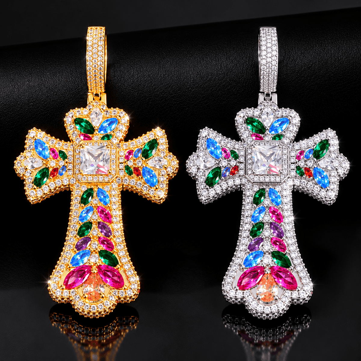 Royal Radiance Multicolor Iced-Out Cross Pendant – Gold-Tone Statement Jewelry - Virtue Jewel