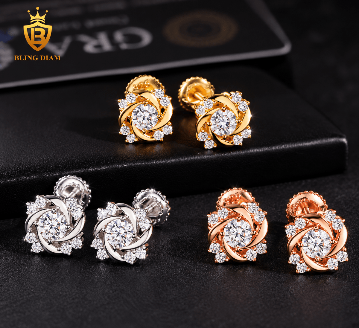 Royal Swirl Iced-Out Round Stud Earrings – Gold, Silver & Rose Gold - Virtue JewelGold