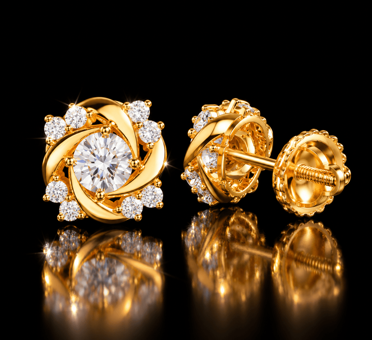 Royal Swirl Iced-Out Round Stud Earrings – Gold, Silver & Rose Gold - Virtue JewelGold