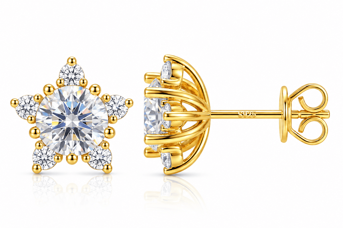 Snowflake Halo Stud Earrings – 925 Sterling Silver VVS Moissanite, 4mm & 6.5mm - Virtue JewelWhite Gold