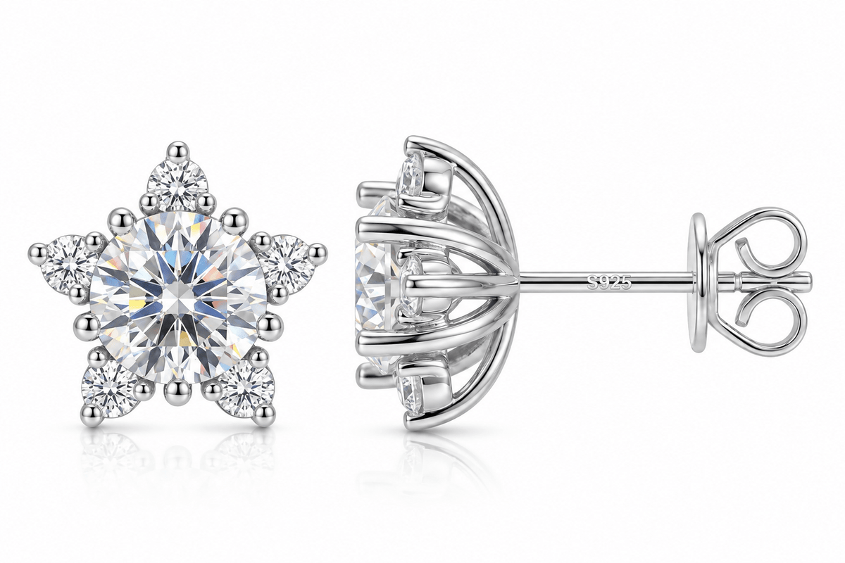 Snowflake Halo Stud Earrings – 925 Sterling Silver VVS Moissanite, 4mm & 6.5mm - Virtue JewelWhite Gold